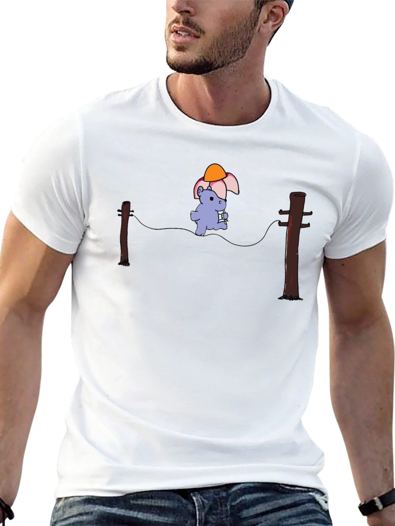 Cartoon Hippopotamus on a Wire Black T-Shirt