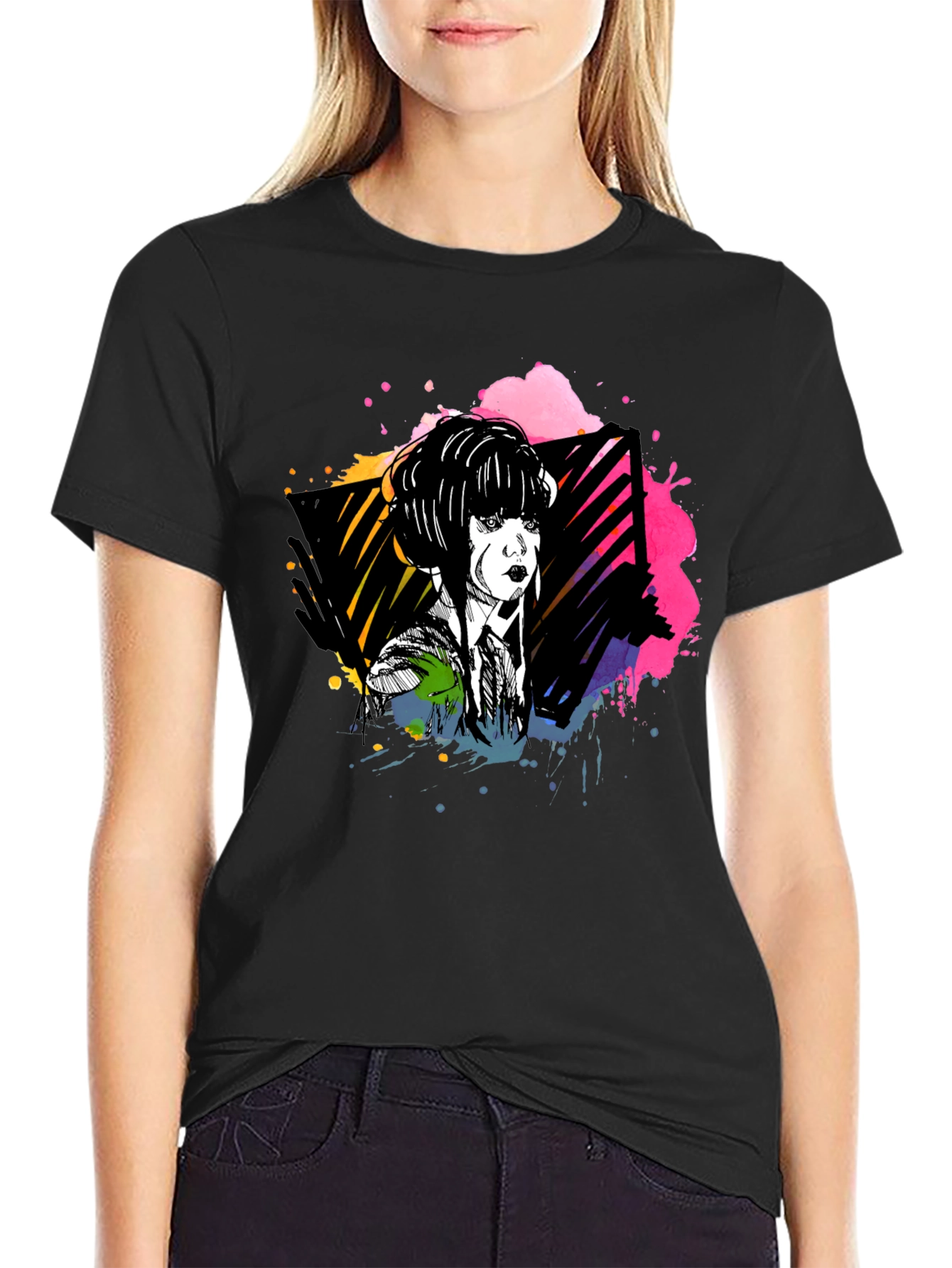 Abstract Woman Graphic Print Black Tee
