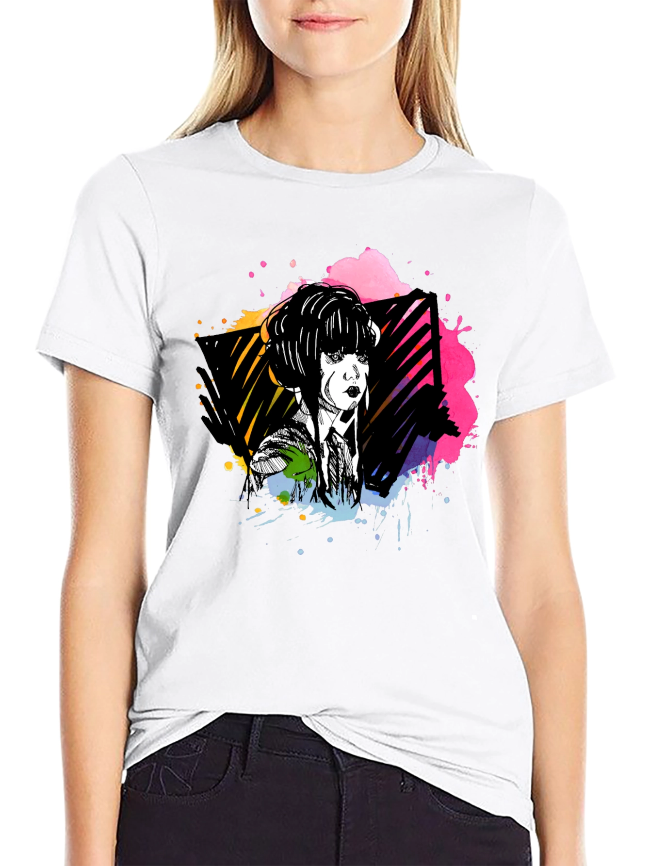 Abstract Woman Graphic Print Black Tee