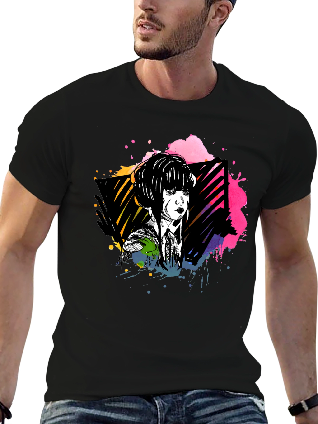 Abstract Woman Graphic Print Black Tee