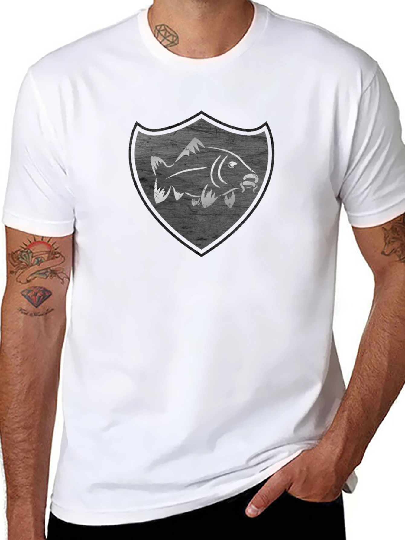 Mens Black T-Shirt with Fish Shield Graphic