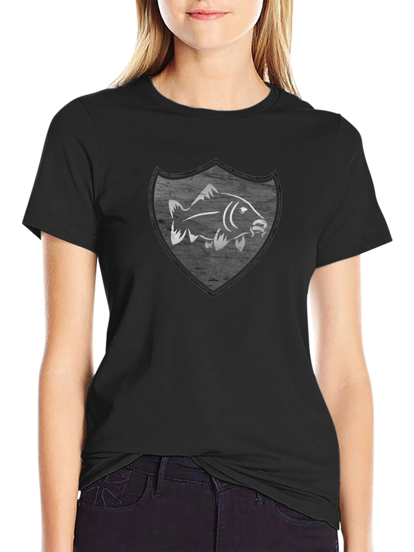 Mens Black T-Shirt with Fish Shield Graphic