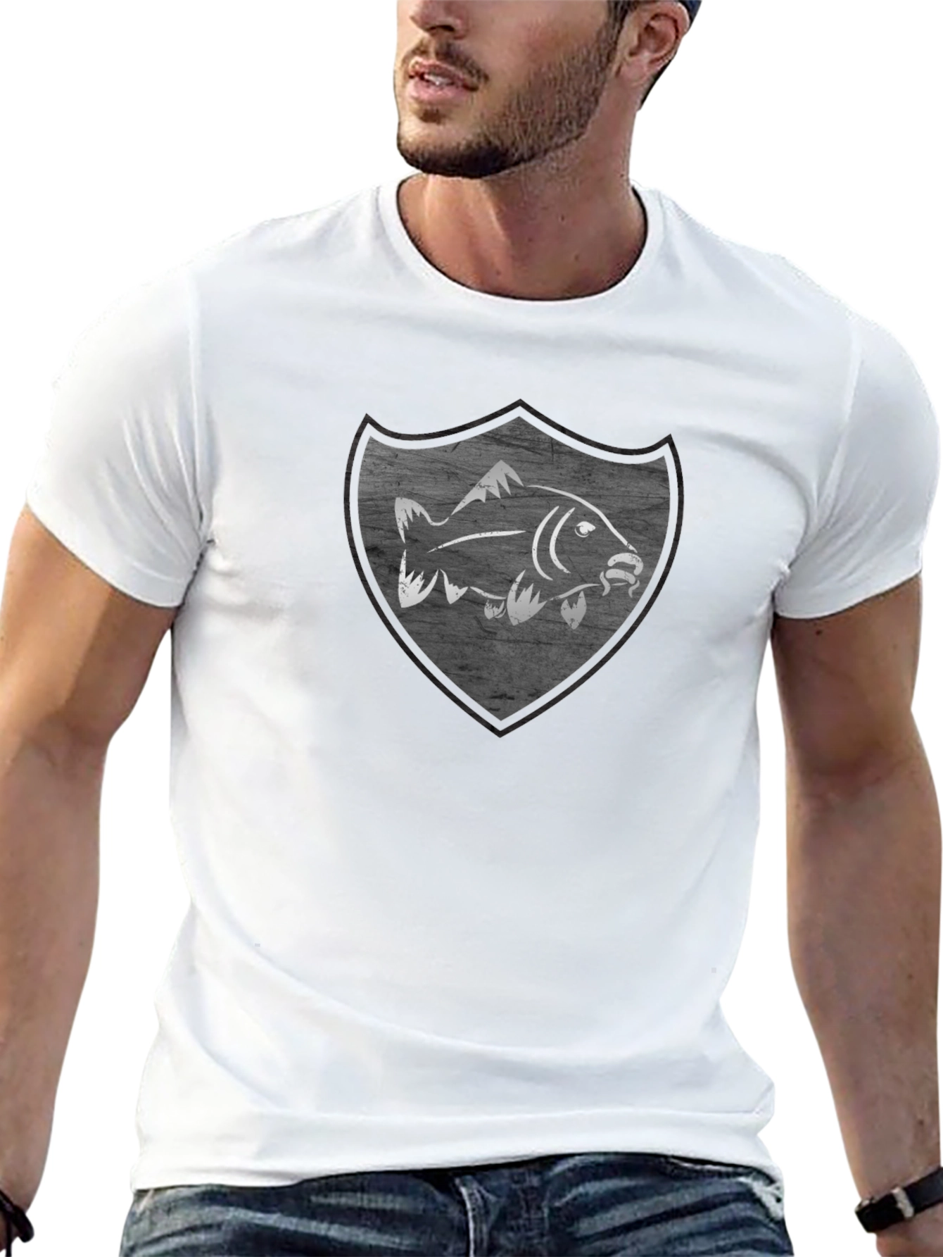 Mens Black T-Shirt with Fish Shield Graphic
