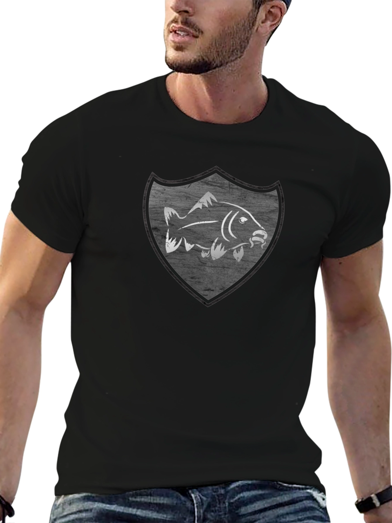 Mens Black T-Shirt with Fish Shield Graphic