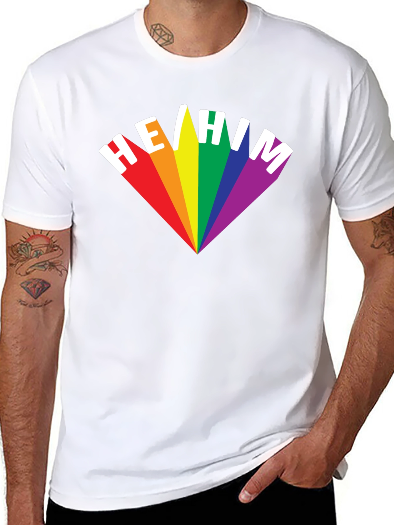 He/Him Pronoun Pride T-Shirt - Rainbow LGBTQ+ Design