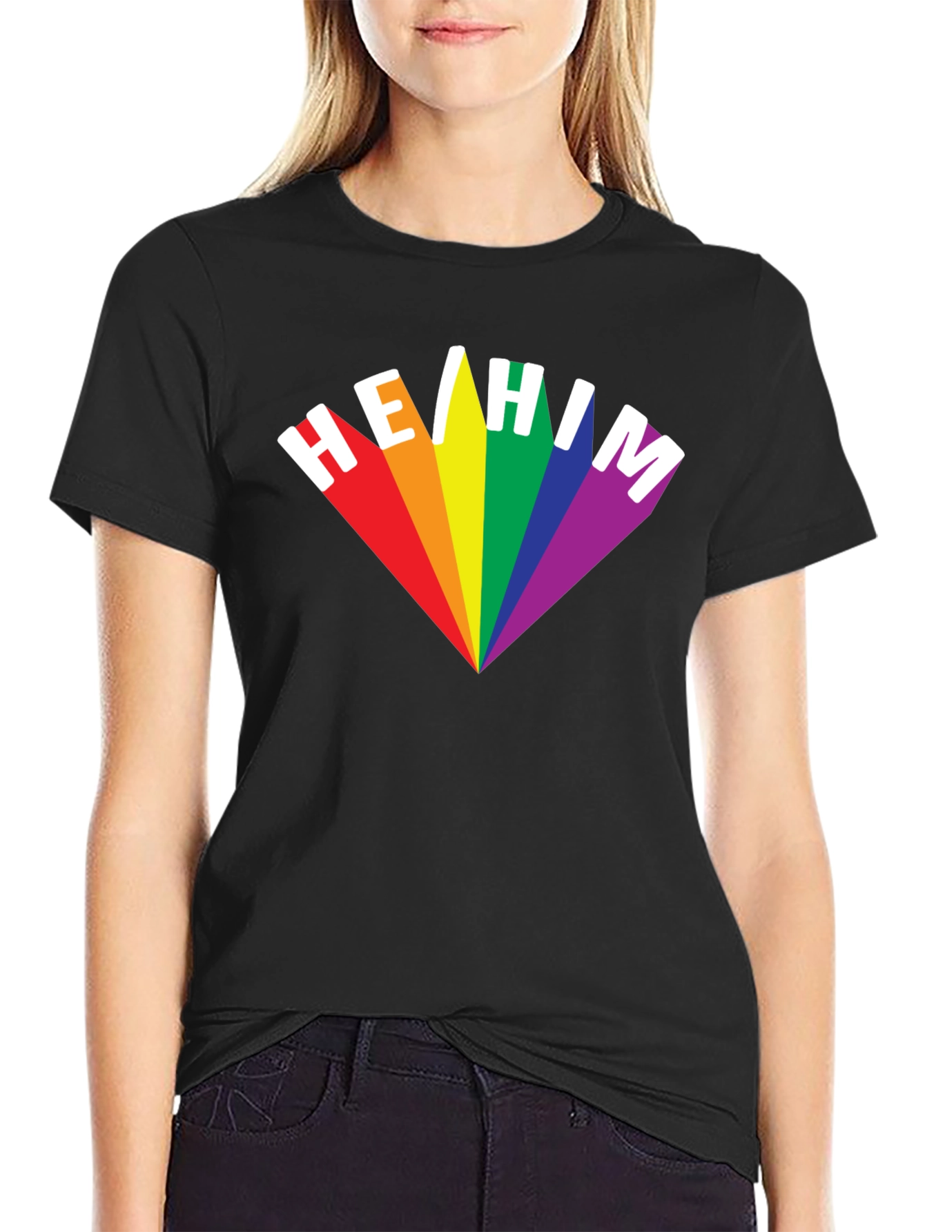He/Him Pronoun Pride T-Shirt - Rainbow LGBTQ+ Design