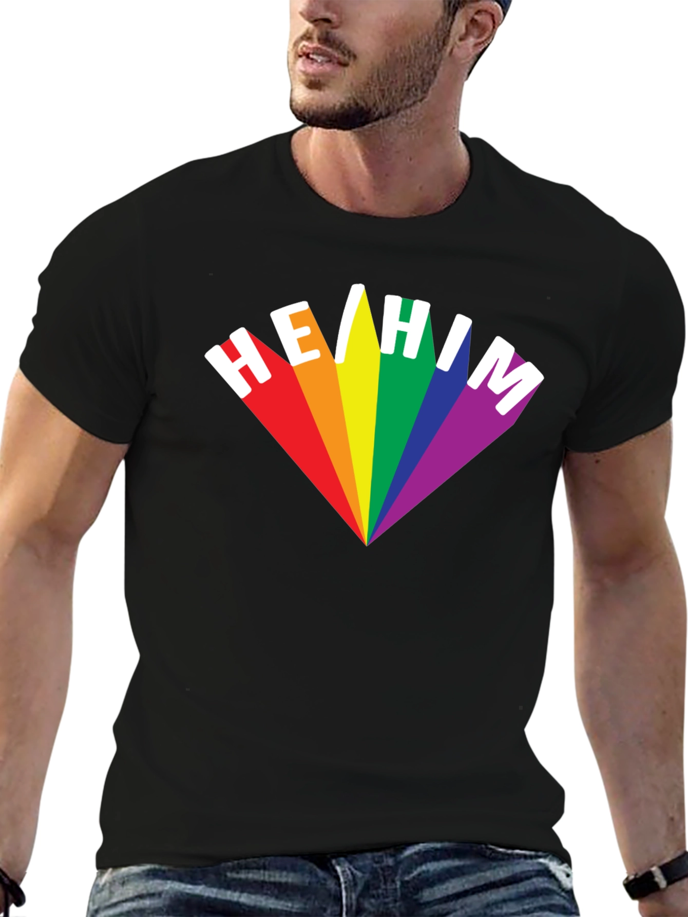 He/Him Pronoun Pride T-Shirt - Rainbow LGBTQ+ Design