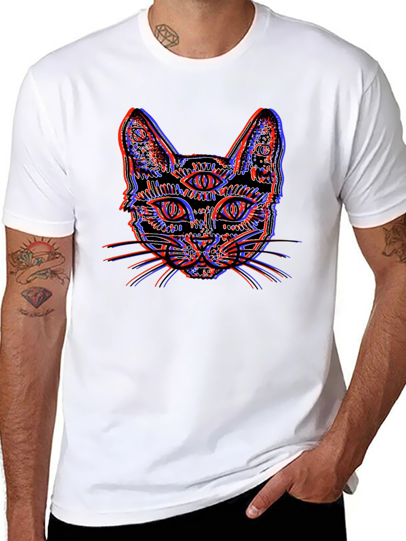 Psychedelic Cat Graphic Tee - Unique 3D Effect Design