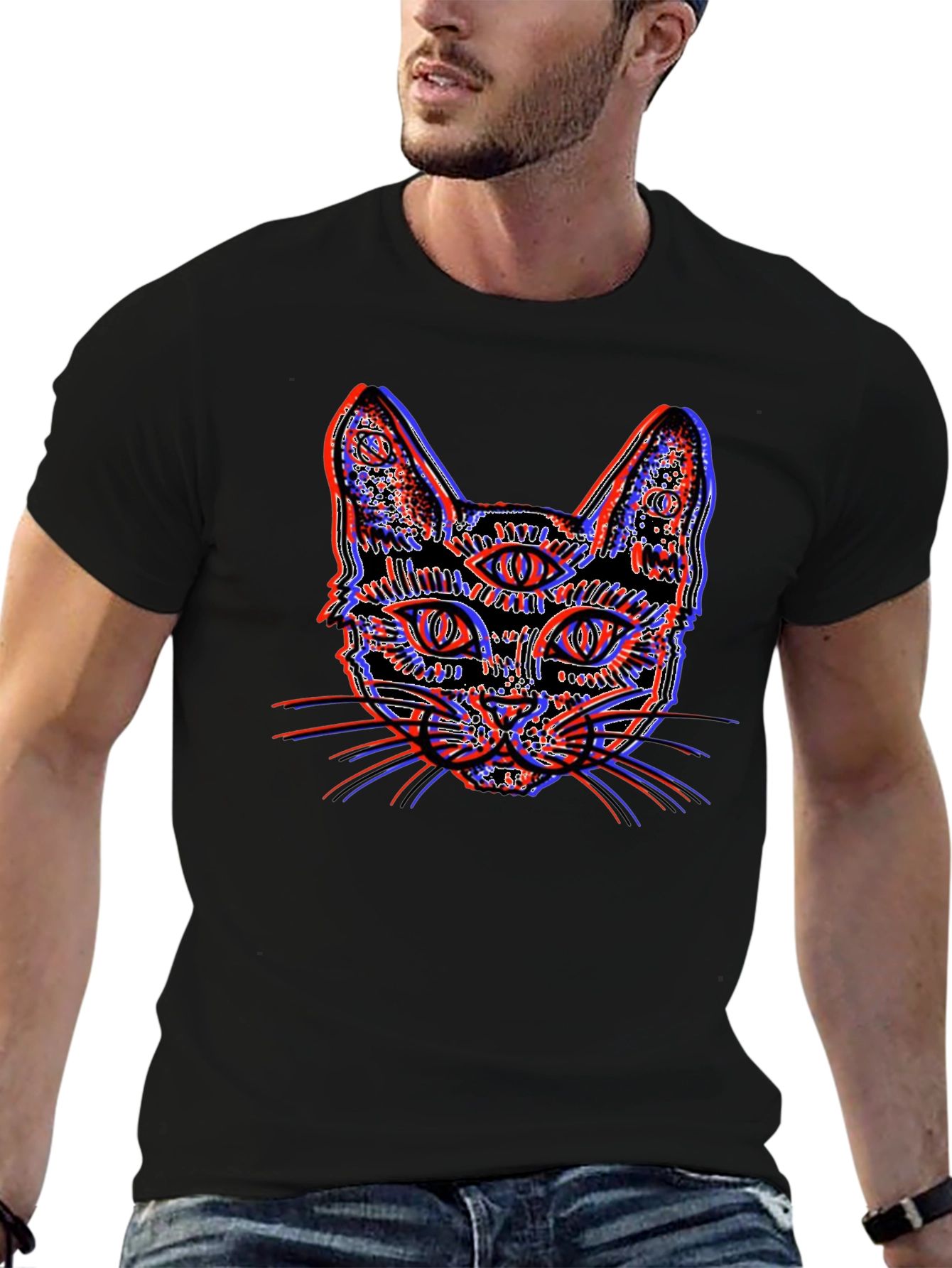 Psychedelic Cat Graphic Tee - Unique 3D Effect Design