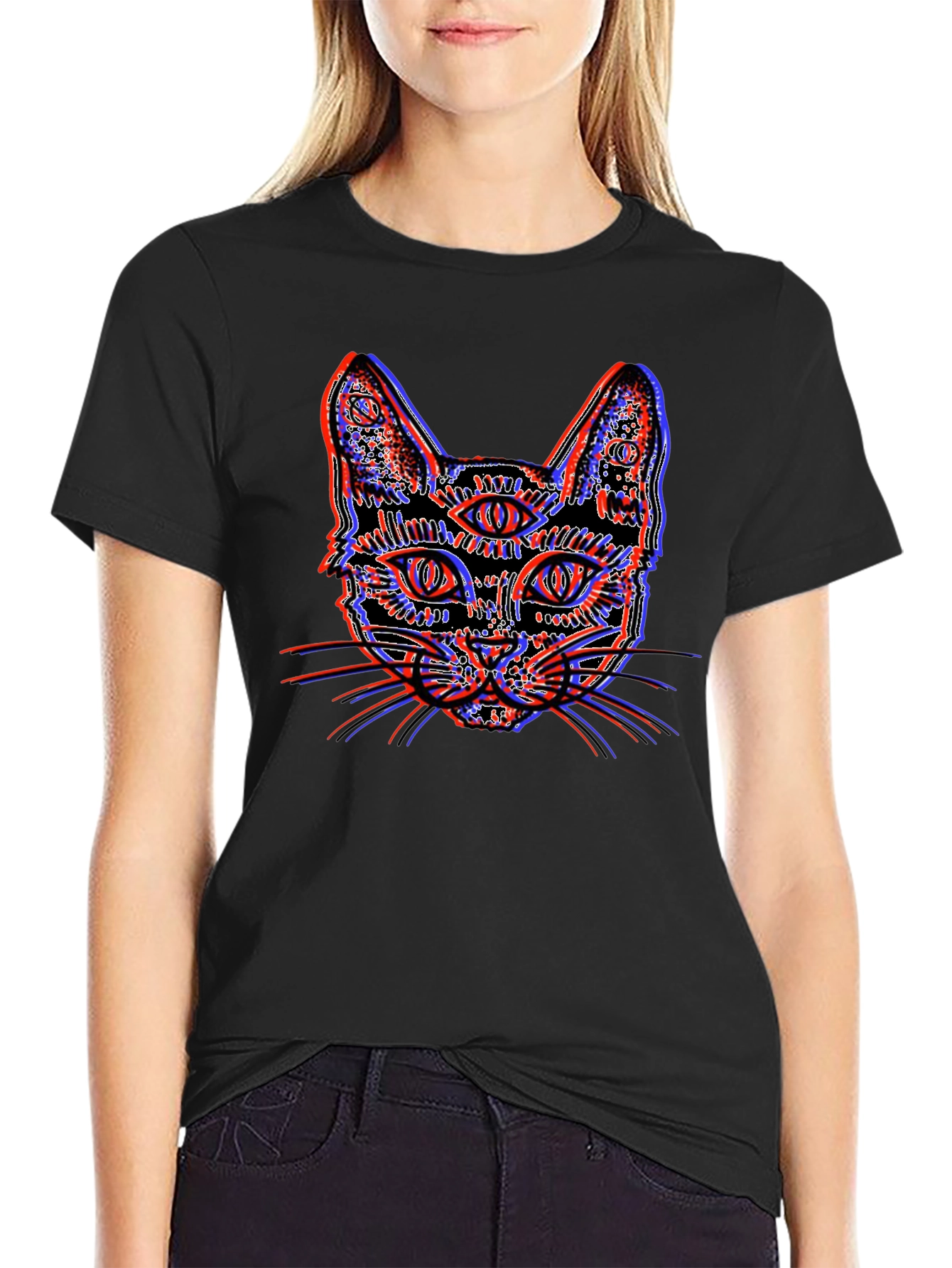 Psychedelic Cat Graphic Tee - Unique 3D Effect Design