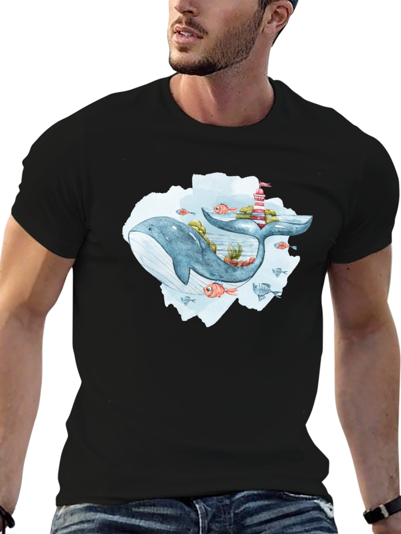 Whale & Lighthouse Graphic Tee - Mens Black T-Shirt