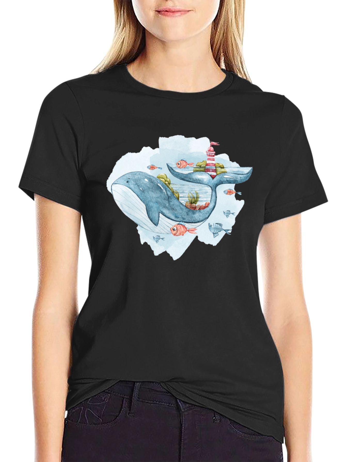 Whale & Lighthouse Graphic Tee - Mens Black T-Shirt