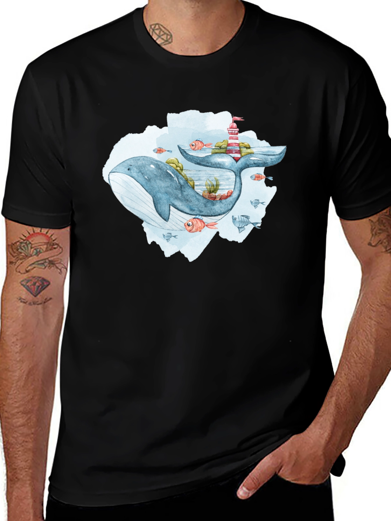 Whale & Lighthouse Graphic Tee - Mens Black T-Shirt