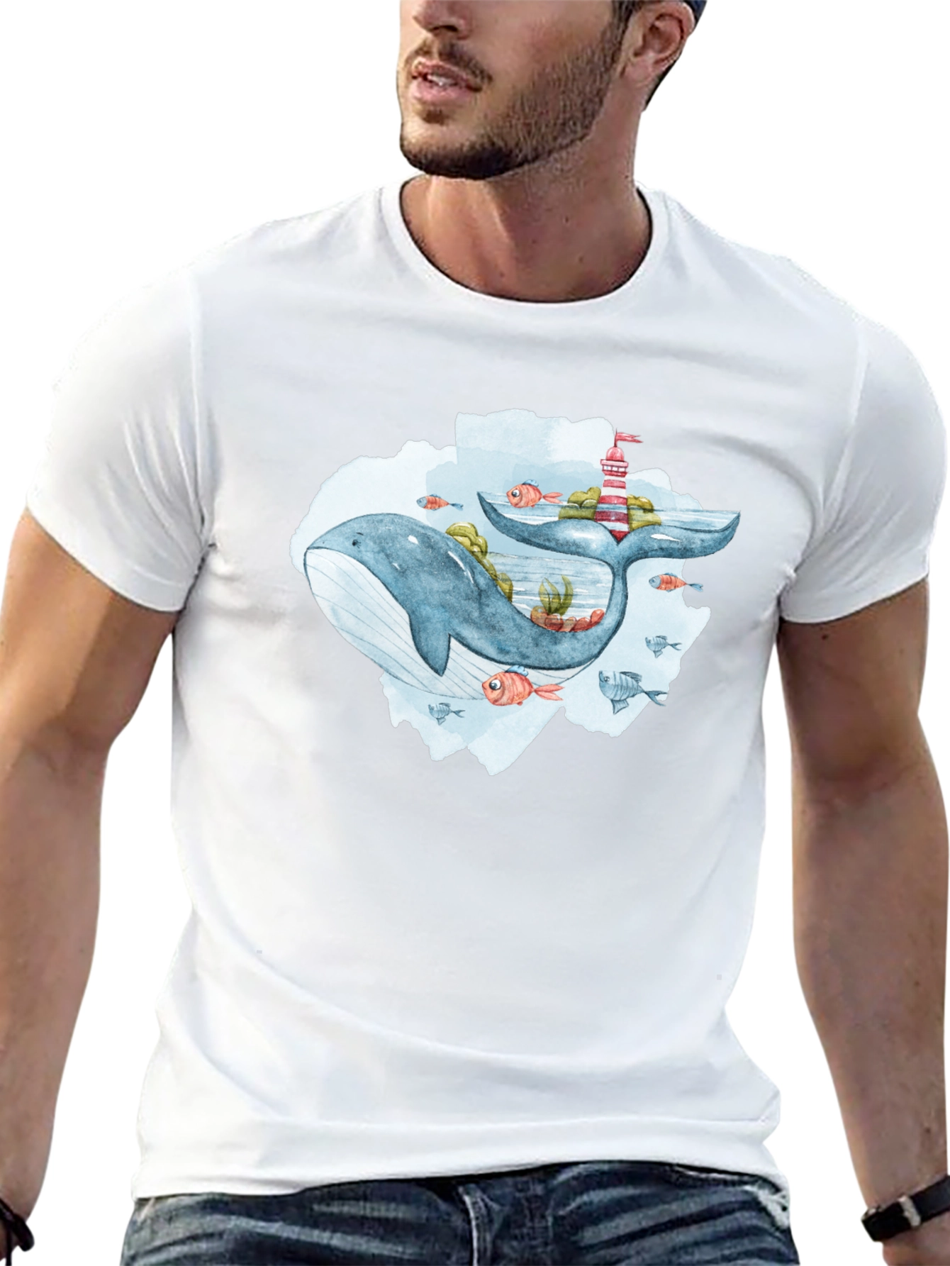 Whale & Lighthouse Graphic Tee - Mens Black T-Shirt