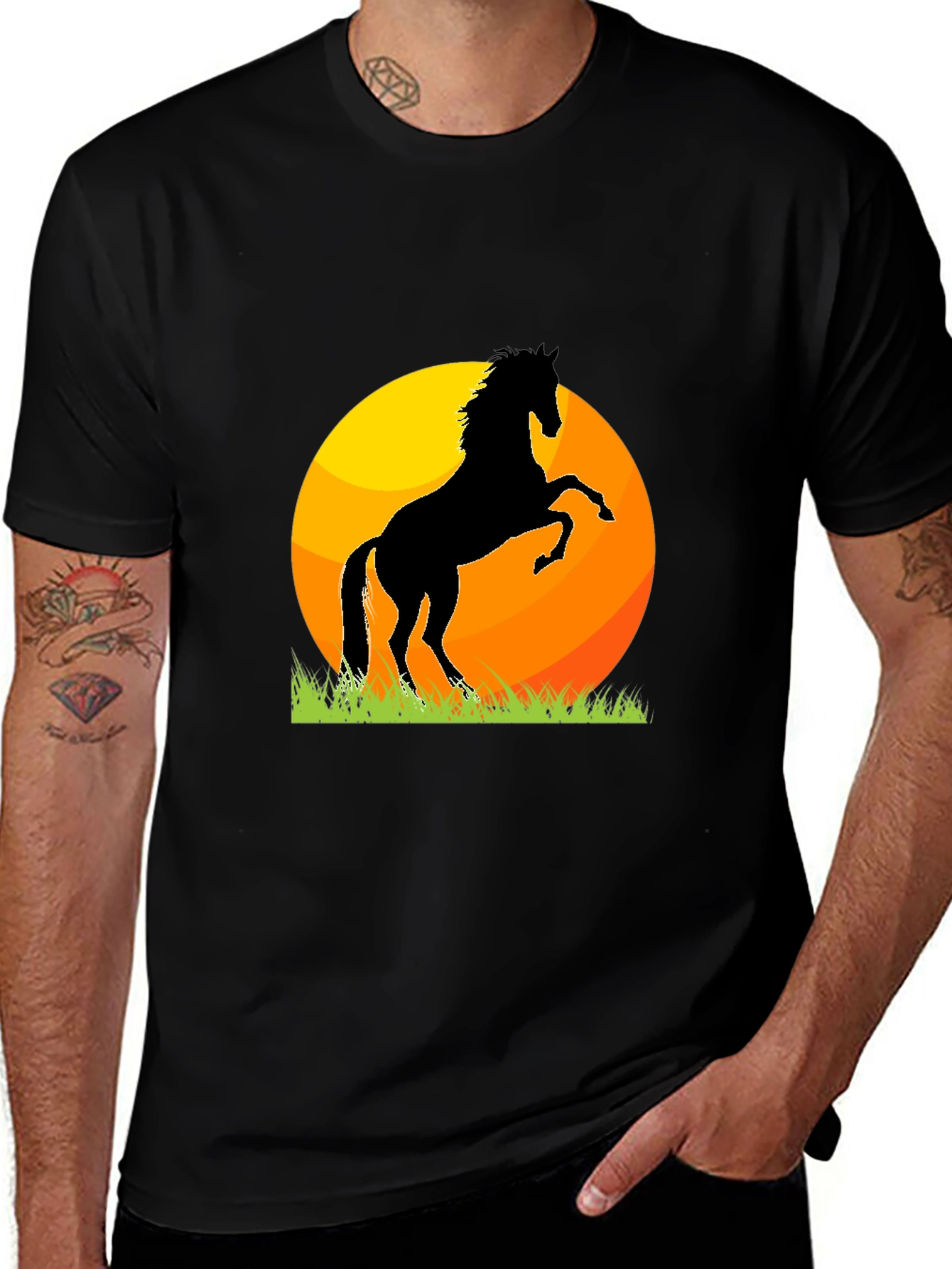 Horse Silhouette Sunset Graphic Tee - Black