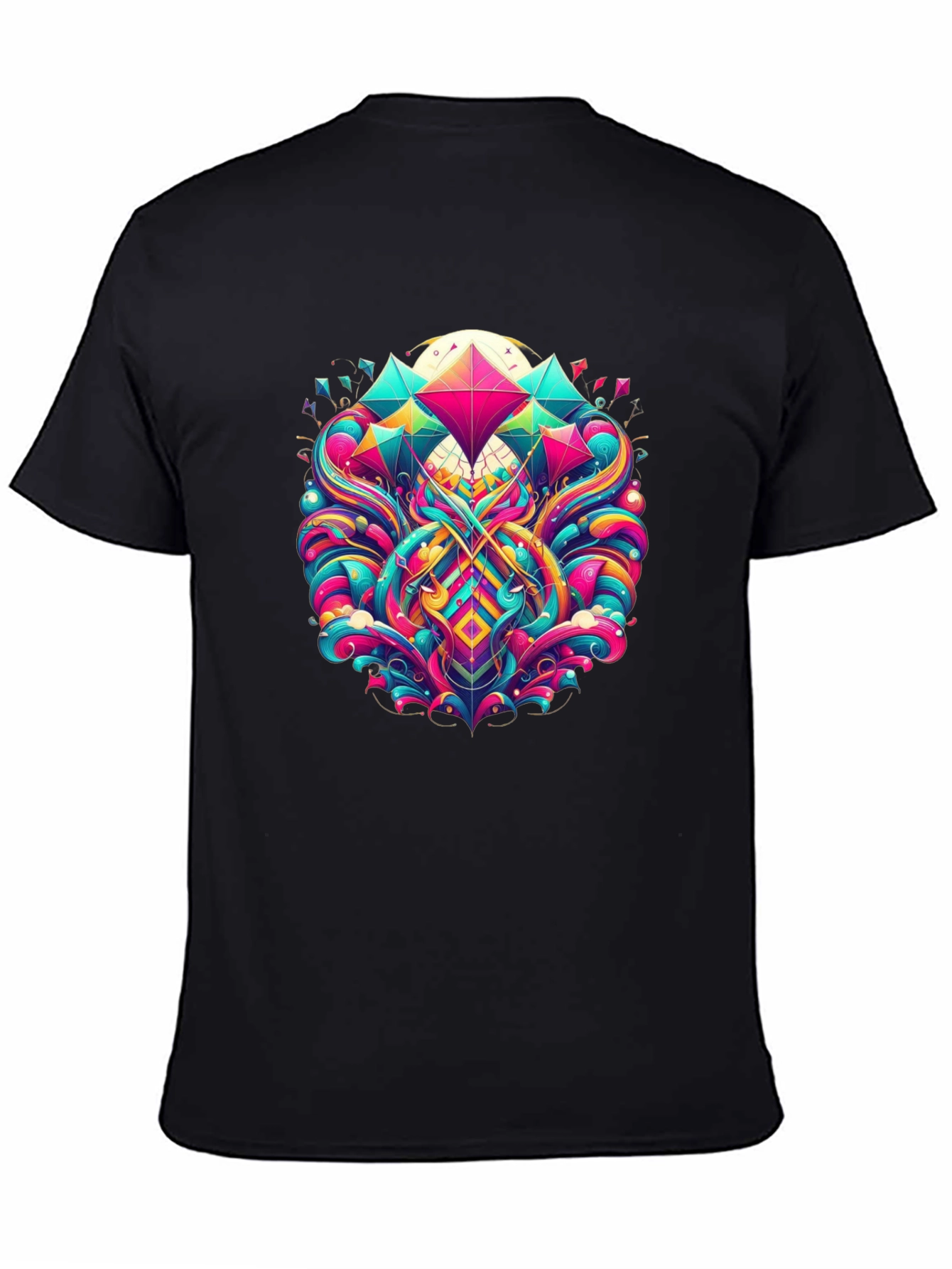 Vibrant Geometric Print Black T-Shirt