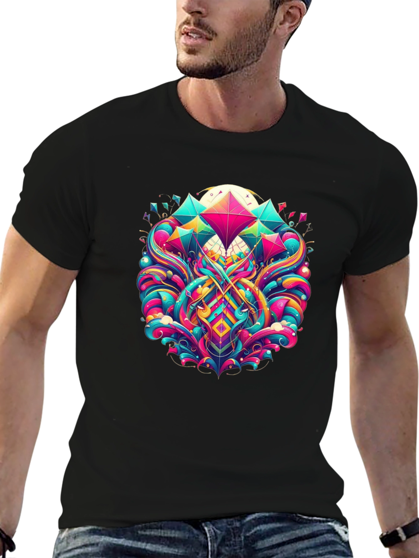 Vibrant Geometric Print Black T-Shirt