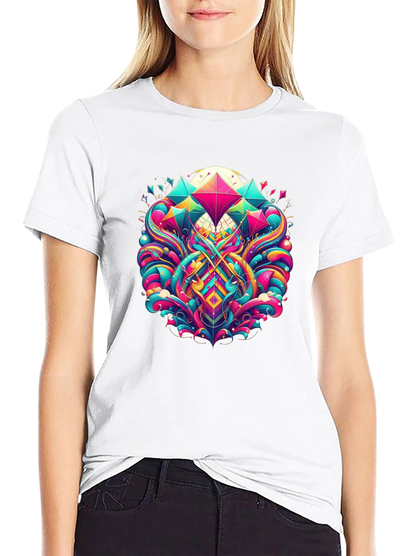 Vibrant Geometric Print Black T-Shirt