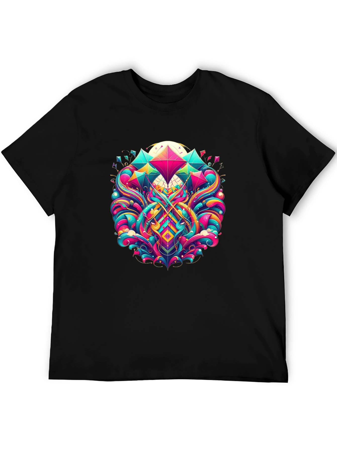 Vibrant Geometric Print Black T-Shirt
