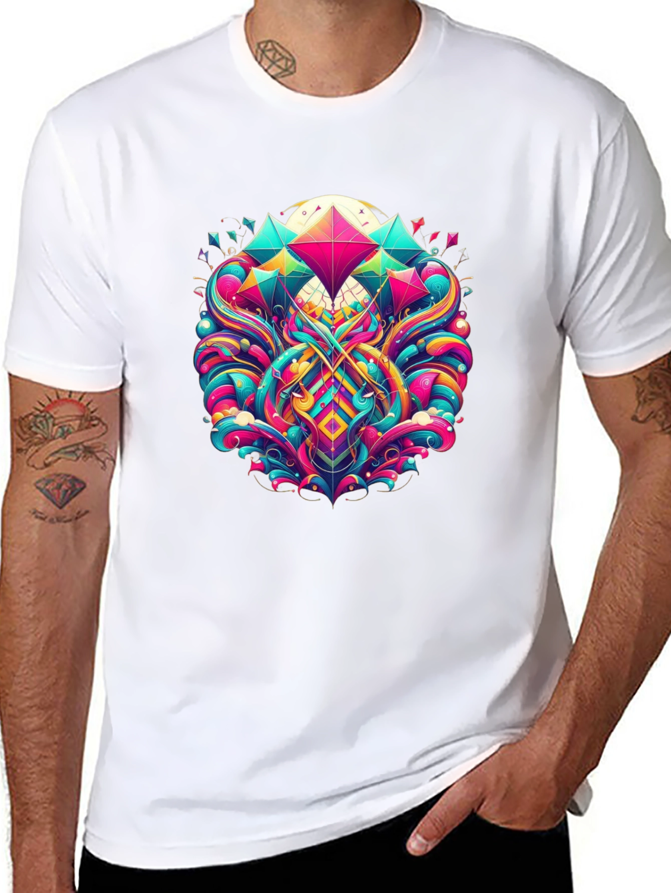 Vibrant Geometric Print Black T-Shirt