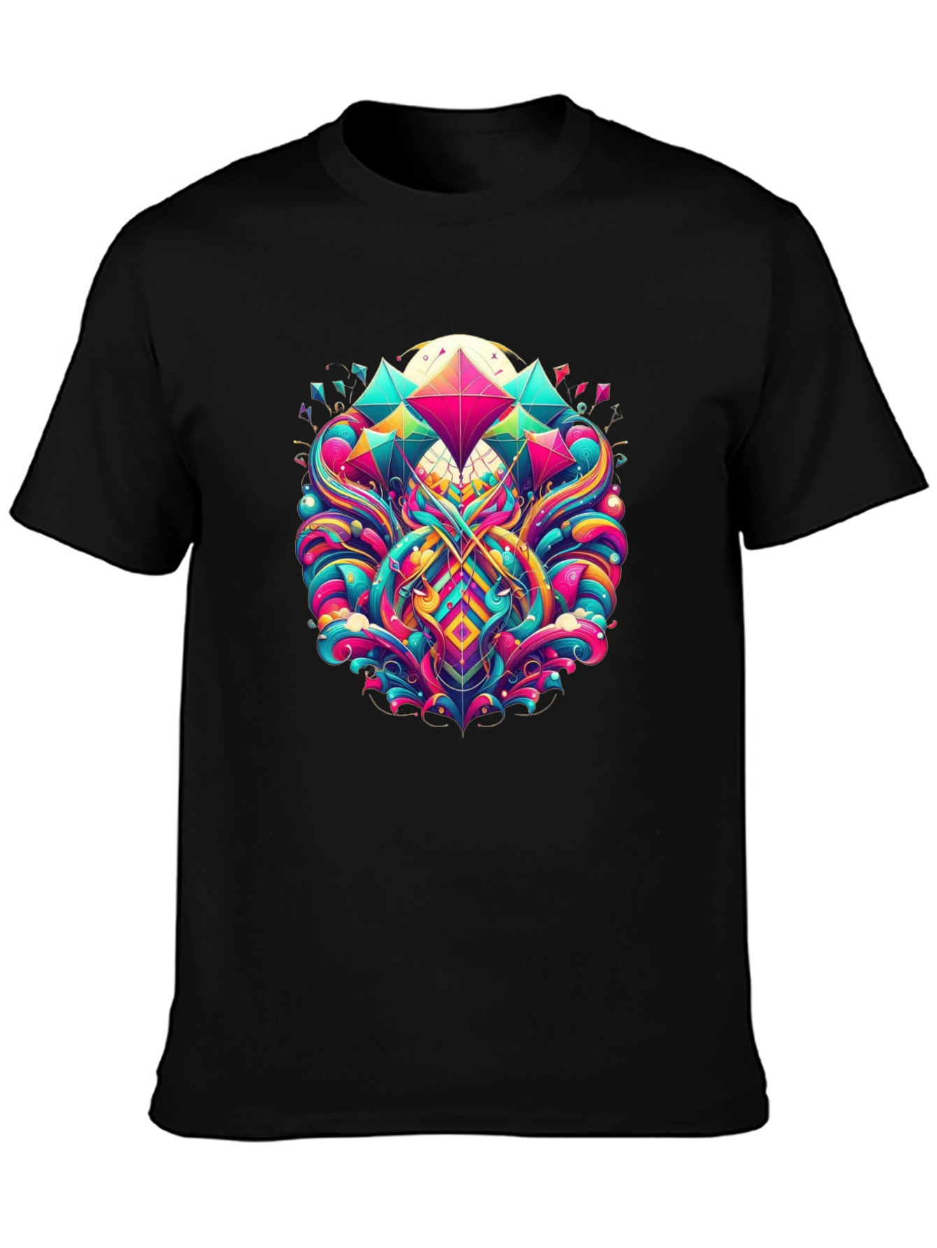 Vibrant Geometric Print Black T-Shirt