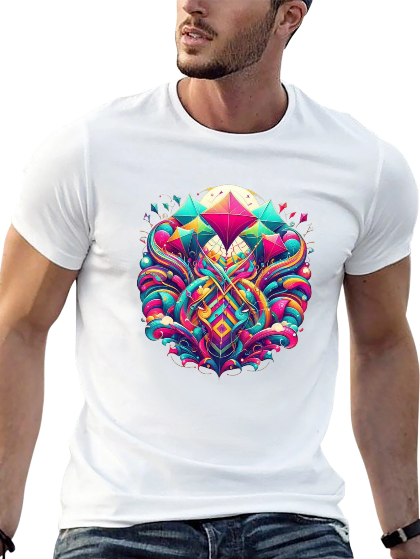Vibrant Geometric Print Black T-Shirt