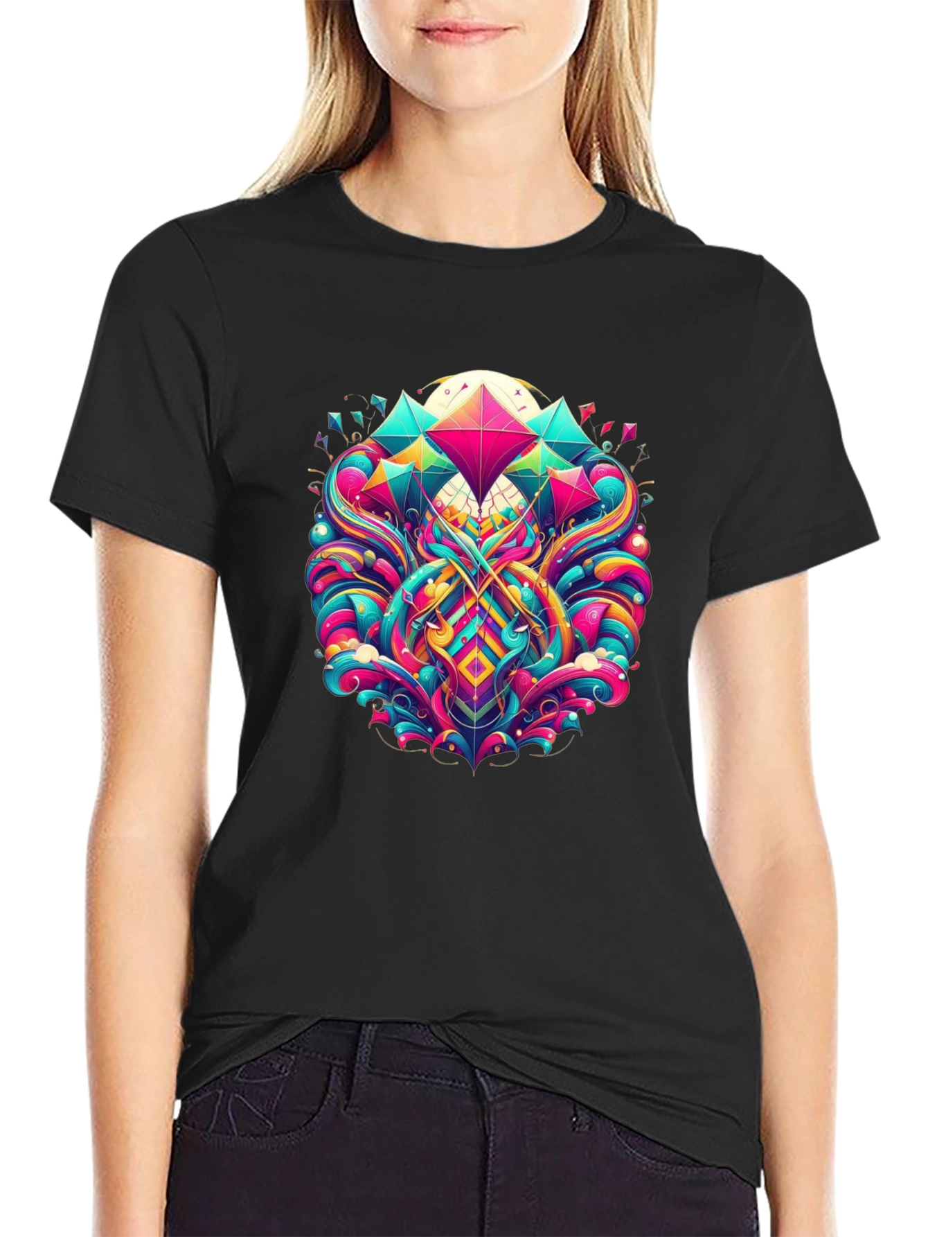 Vibrant Geometric Print Black T-Shirt
