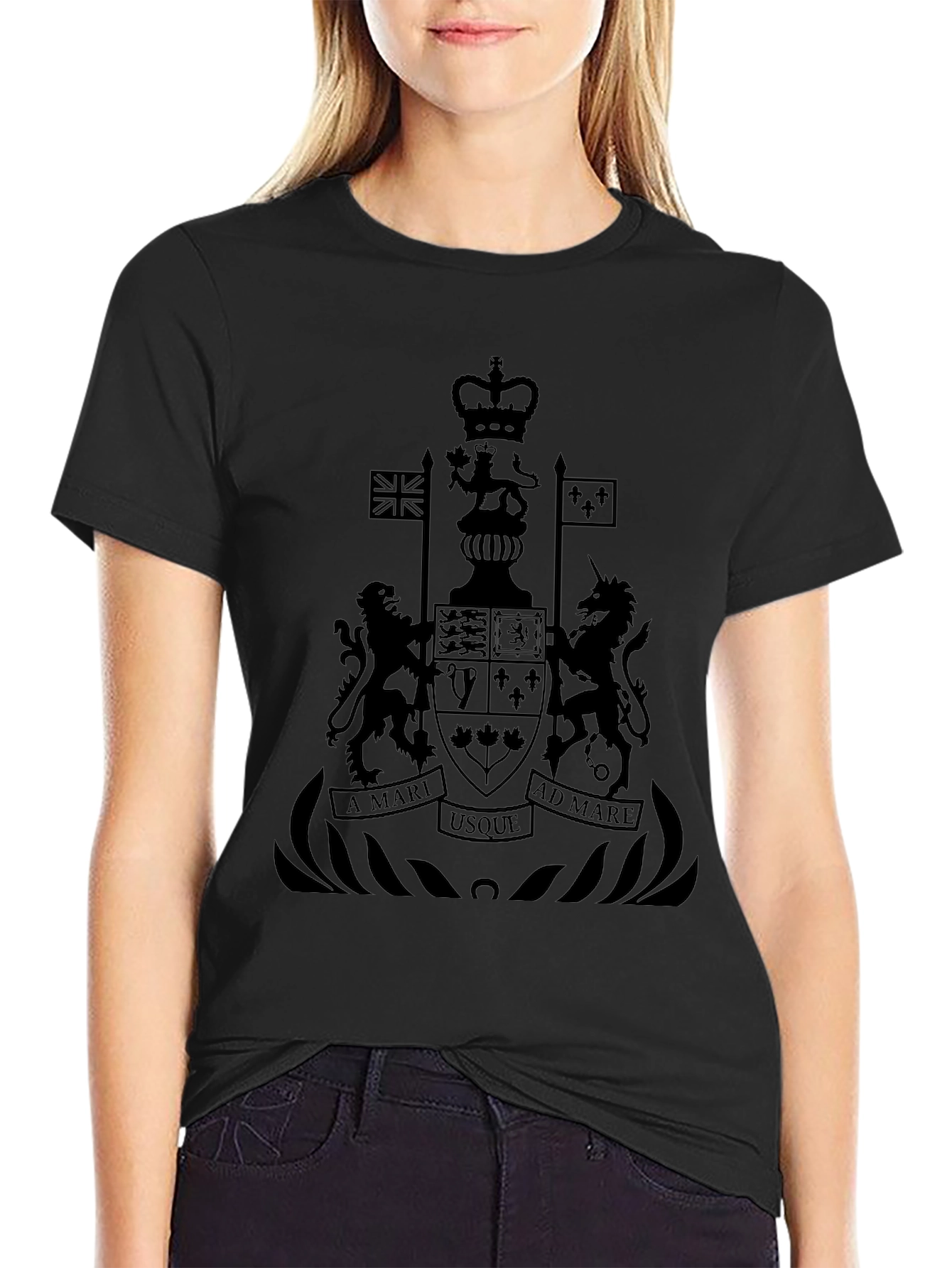 Black T-Shirt with Canadian Coat of Arms Graphic