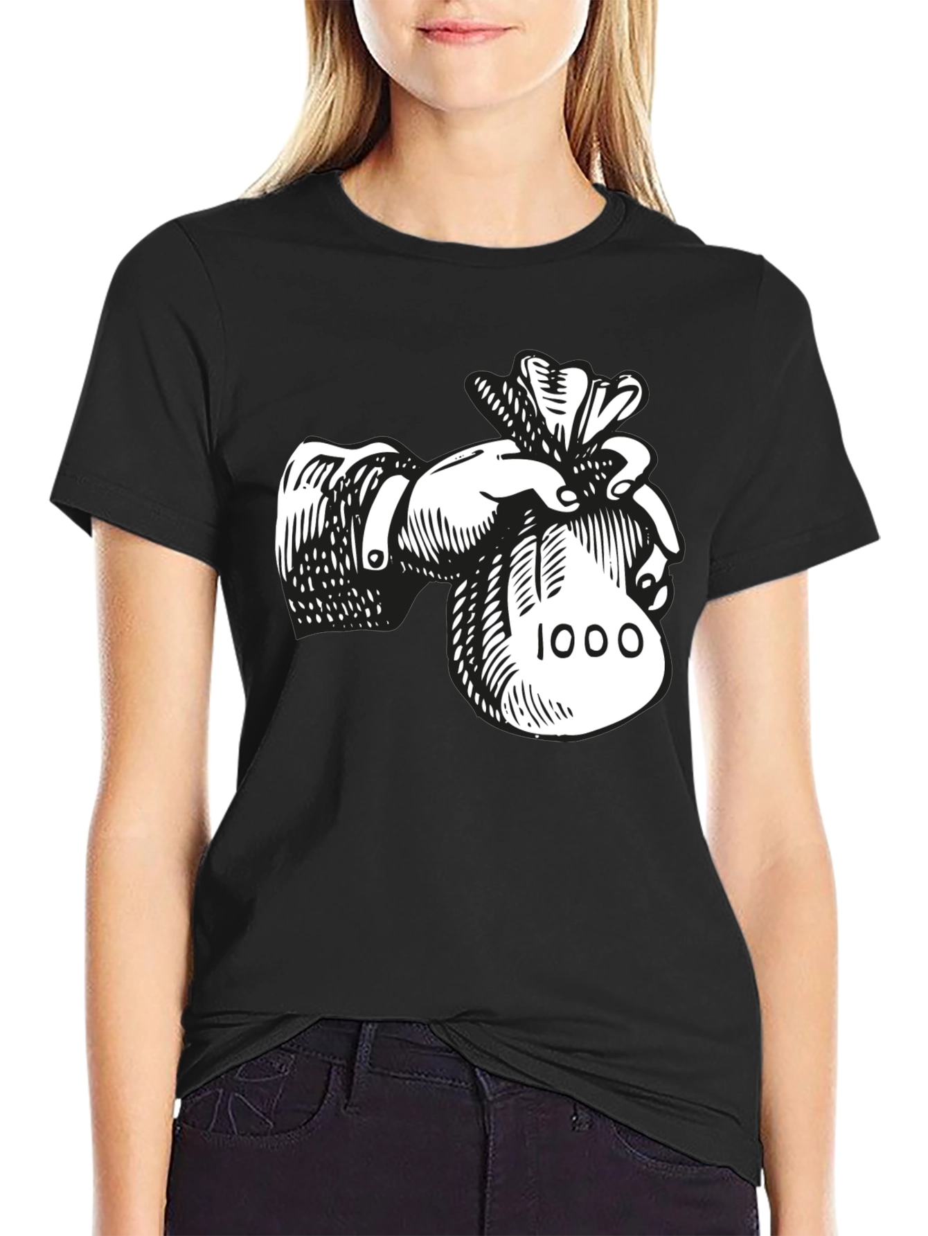 Money Bag Graphic Tee - Black Cotton Blend T-Shirt