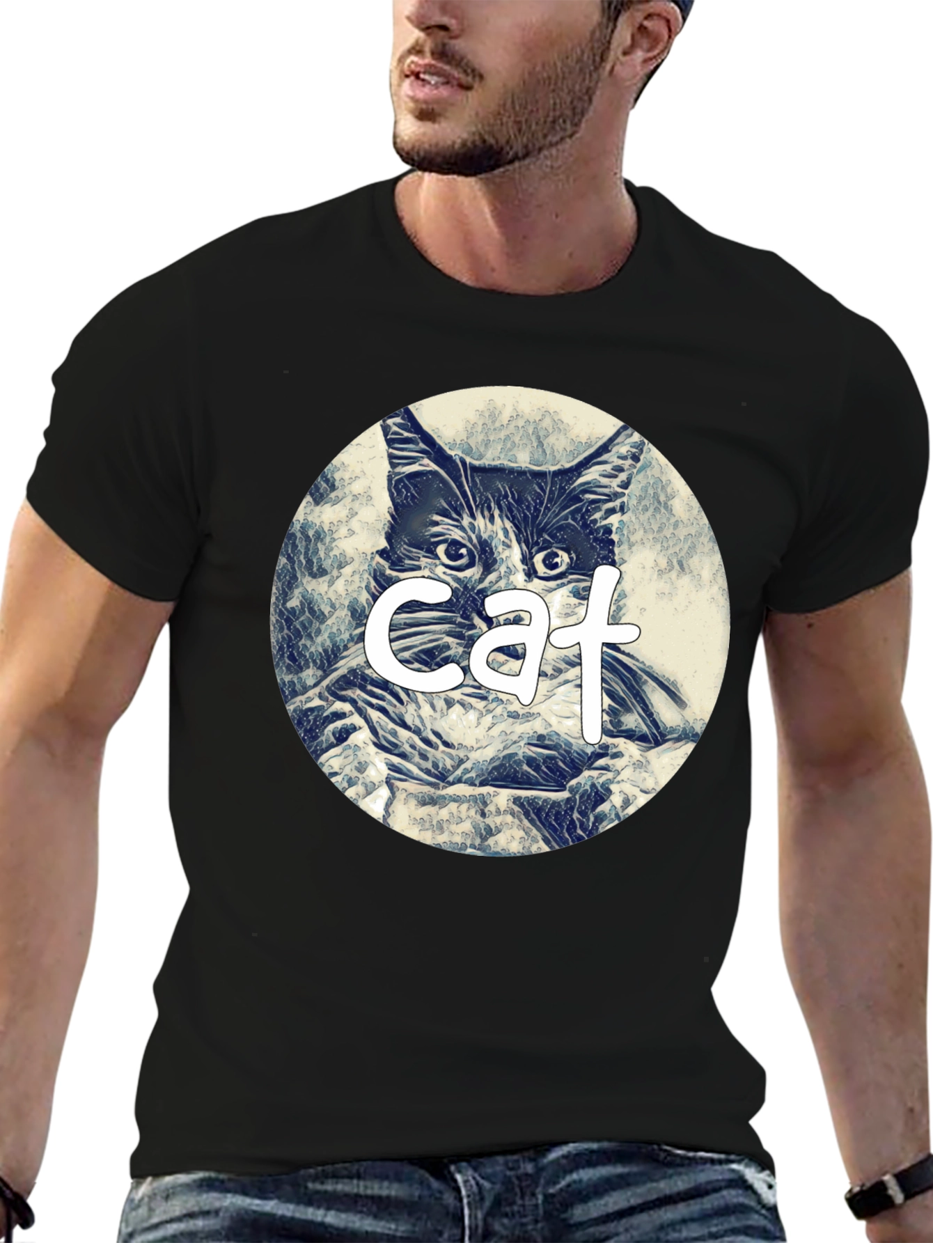 Cat Graphic Tee - Black Cotton Blend