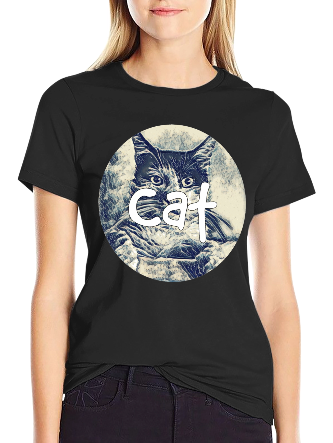 Cat Graphic Tee - Black Cotton Blend