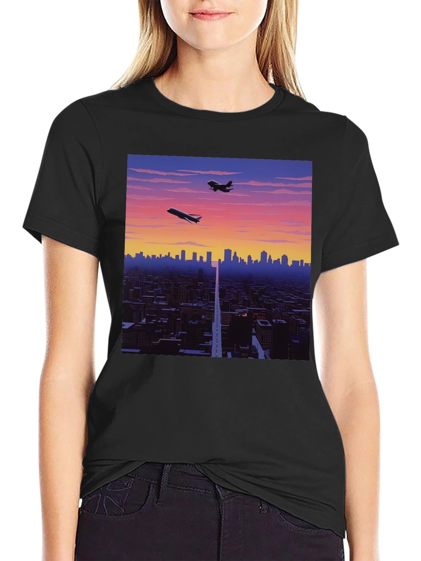 Retro Cityscape Graphic Tee - Black