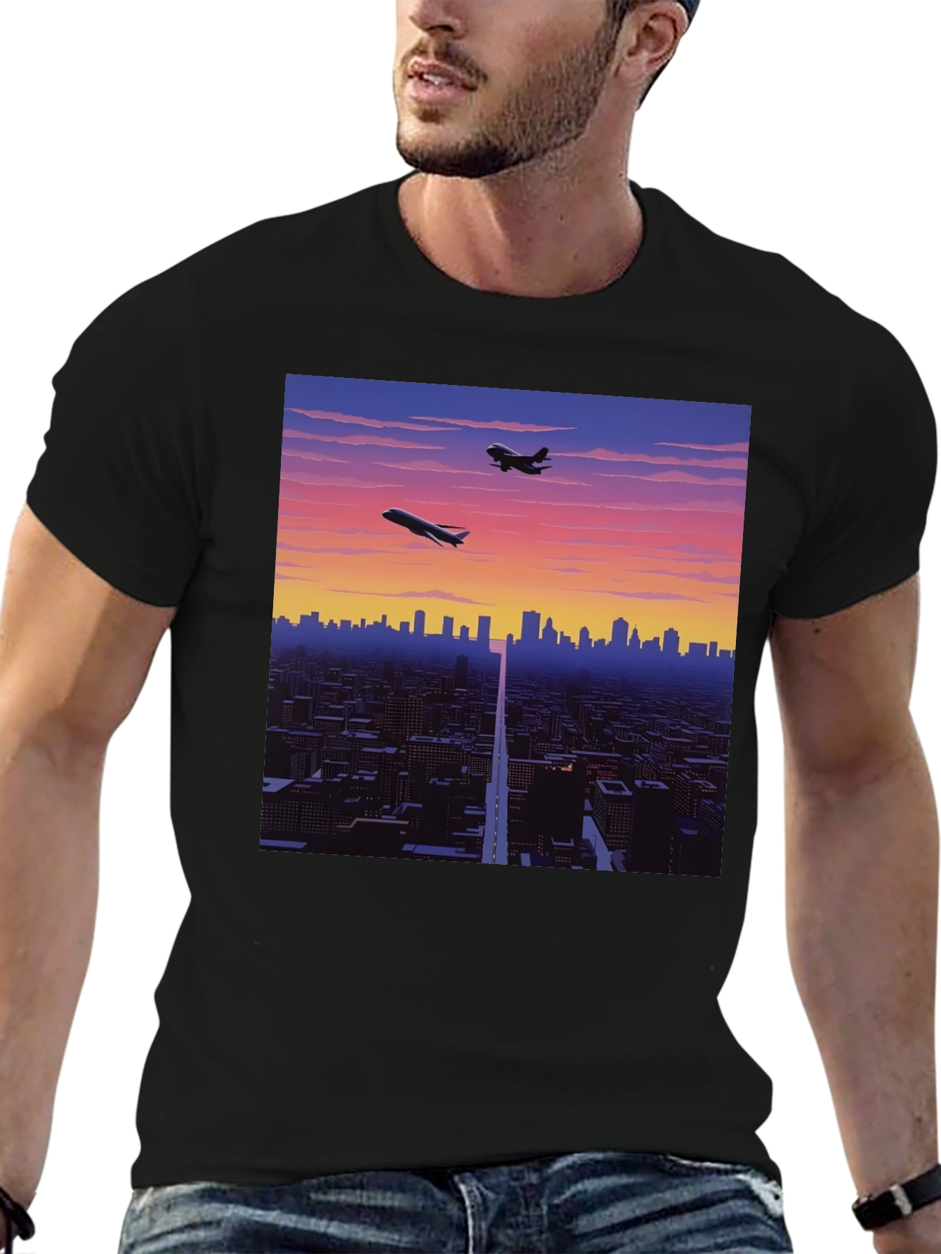Retro Cityscape Graphic Tee - Black