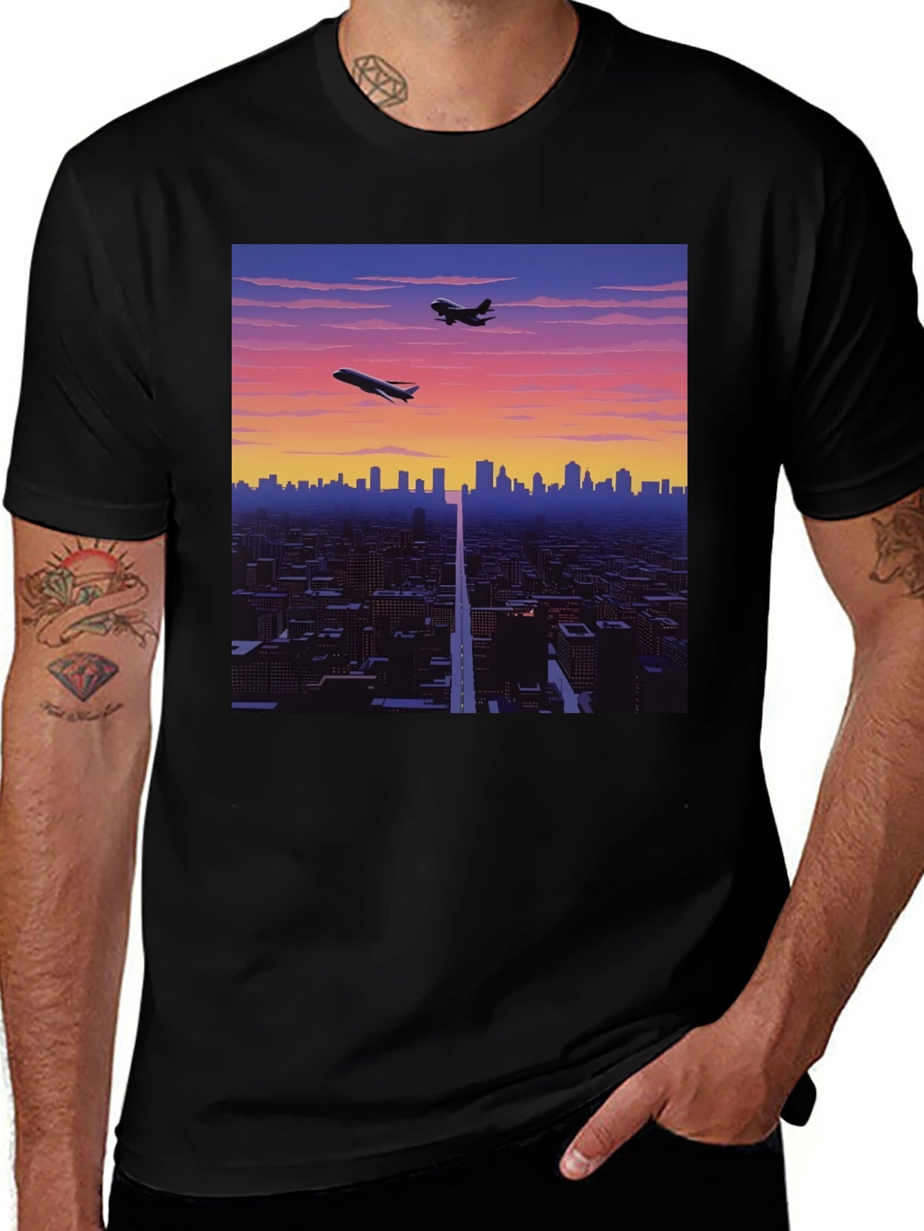 Retro Cityscape Graphic Tee - Black