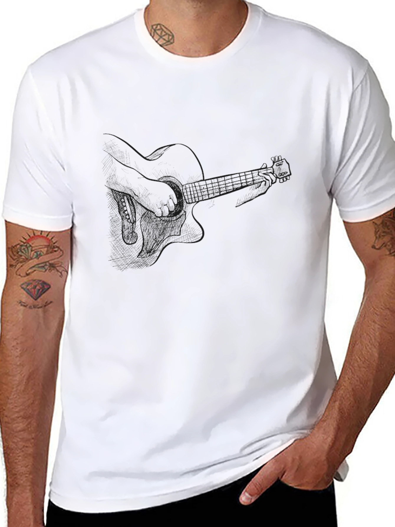 Black T-Shirt with Guitar Outline Graphic