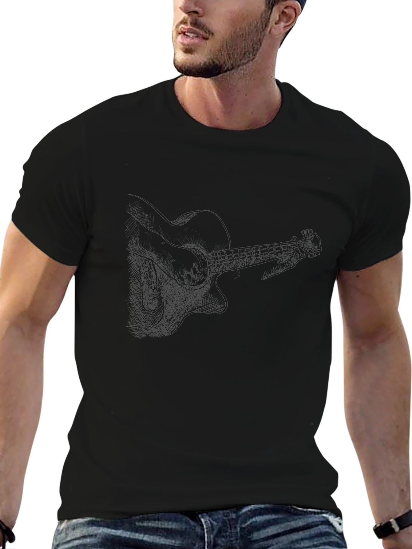 Black T-Shirt with Guitar Outline Graphic
