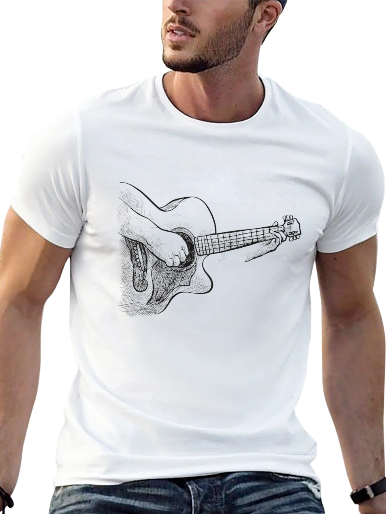 Black T-Shirt with Guitar Outline Graphic