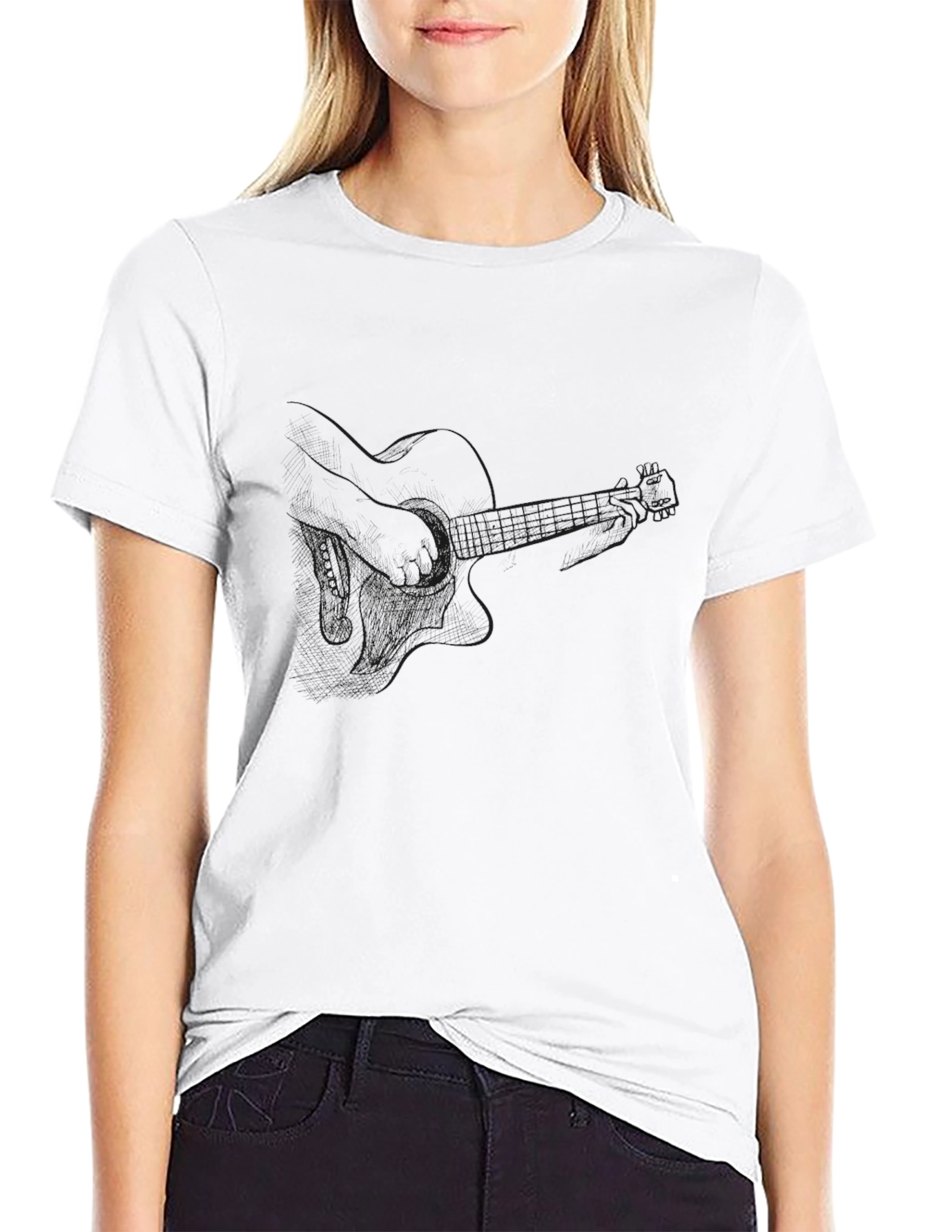 Black T-Shirt with Guitar Outline Graphic
