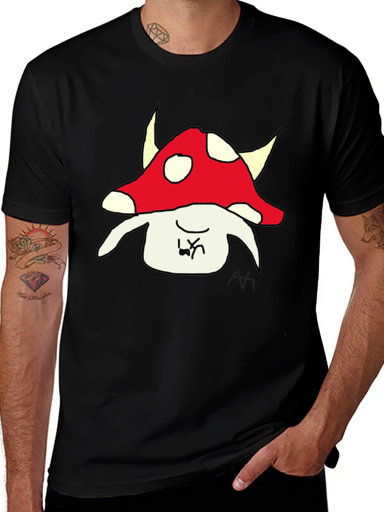 Mushroom Character Graphic Tee - Black Cotton Blend
