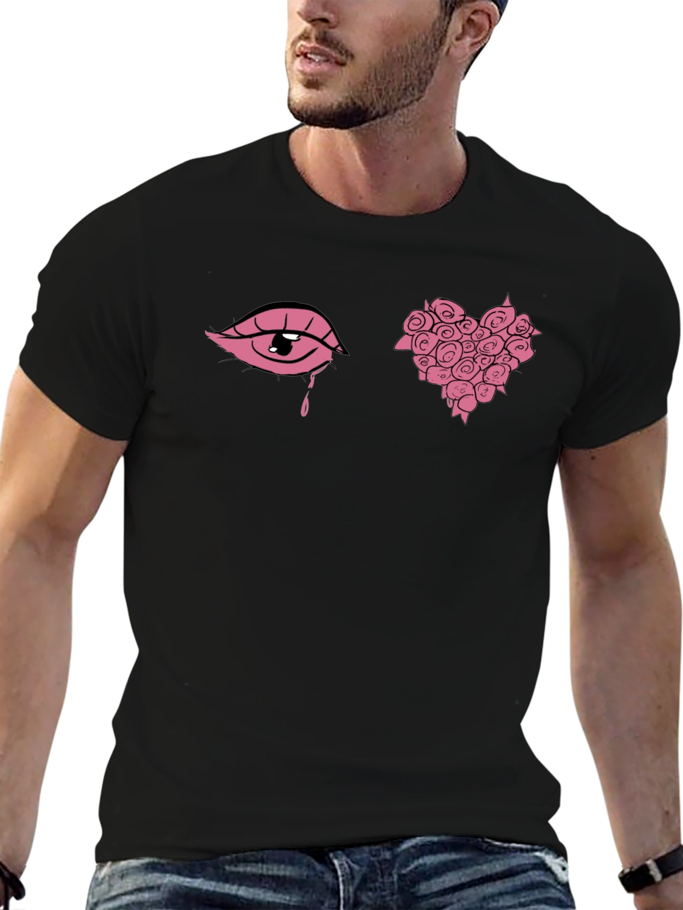 Pink Eye & Rose Heart Graphic Black Tee