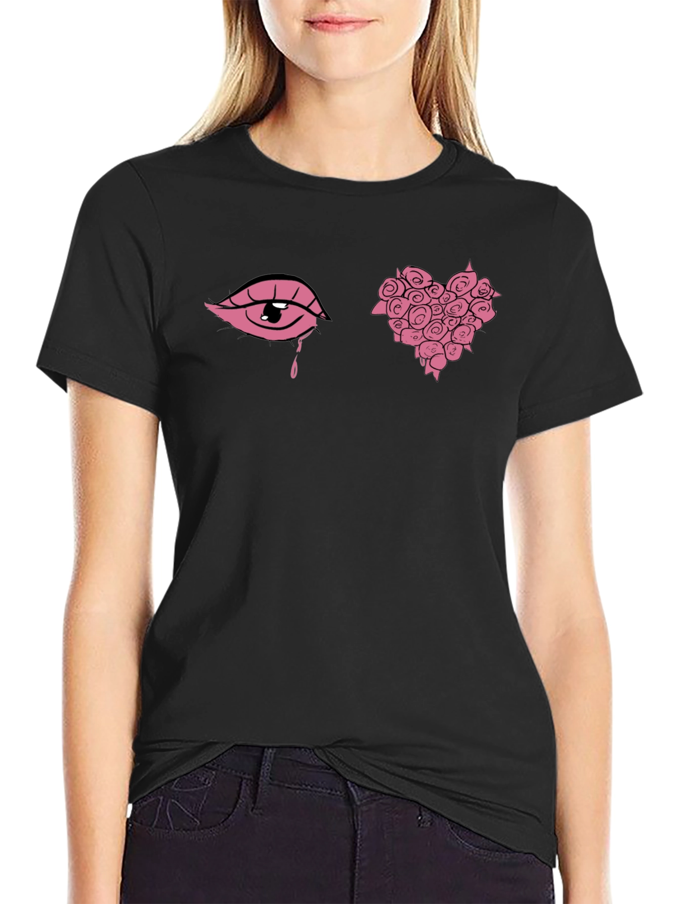 Pink Eye & Rose Heart Graphic Black Tee