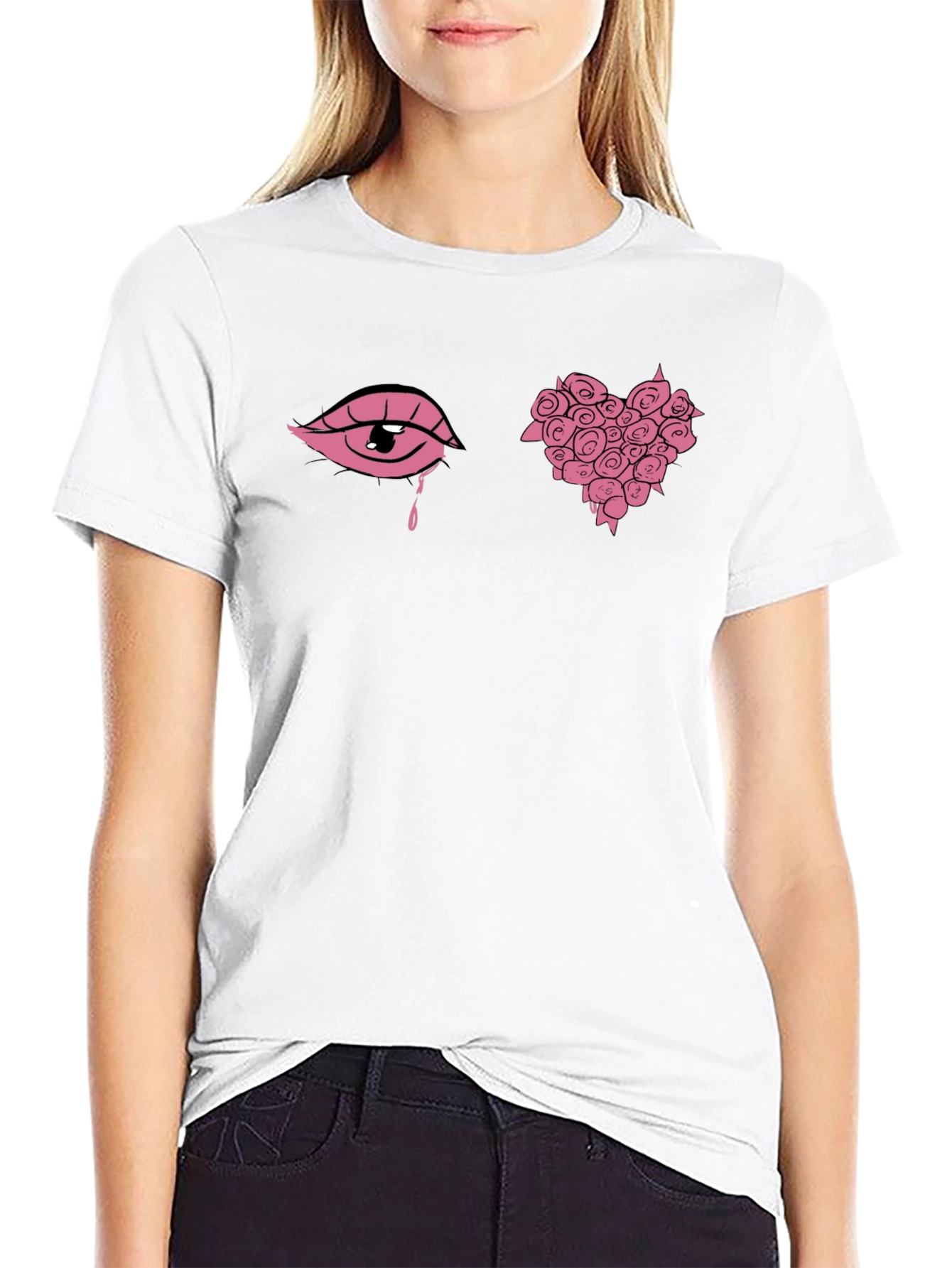 Pink Eye & Rose Heart Graphic Black Tee