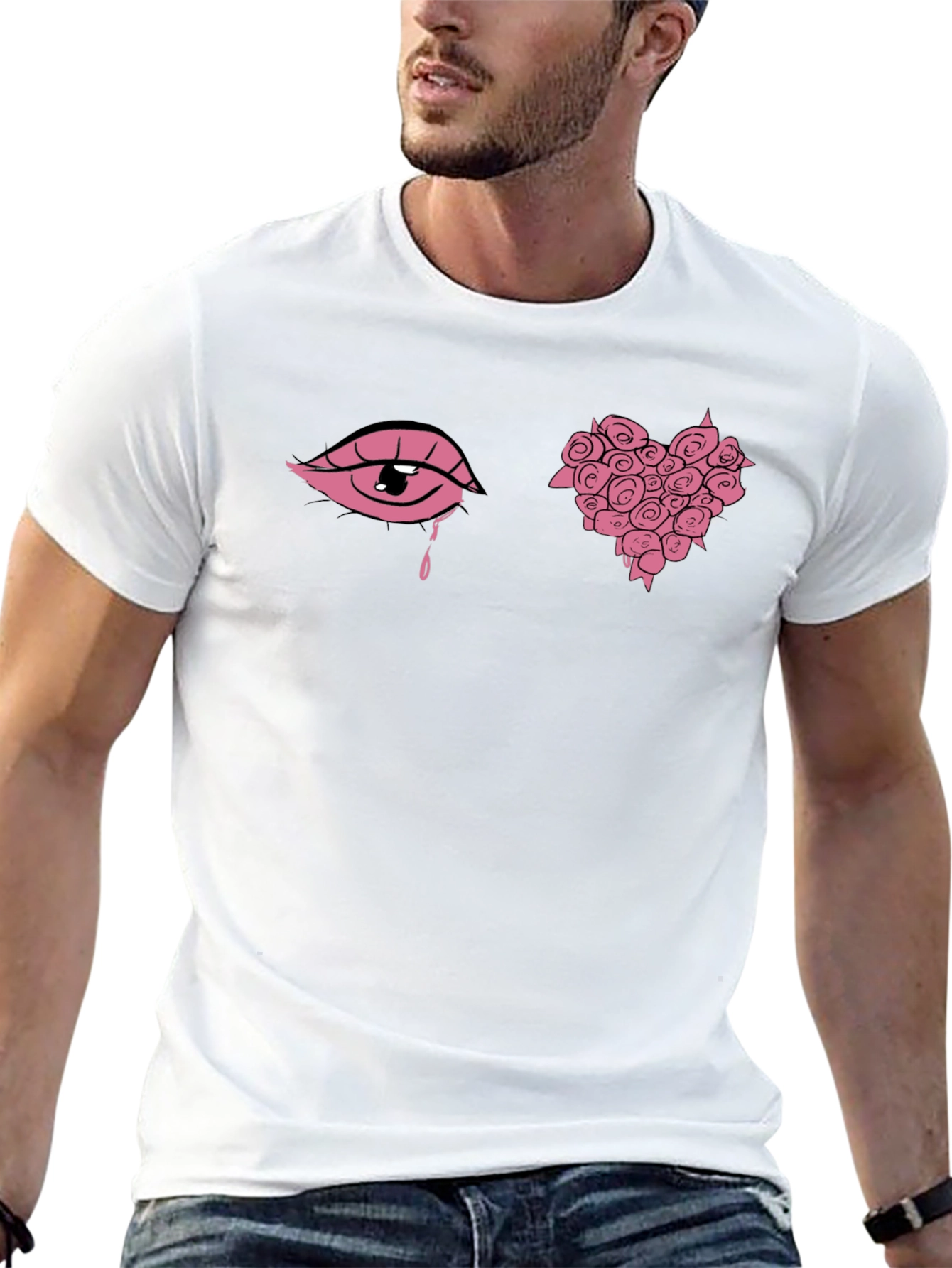Pink Eye & Rose Heart Graphic Black Tee