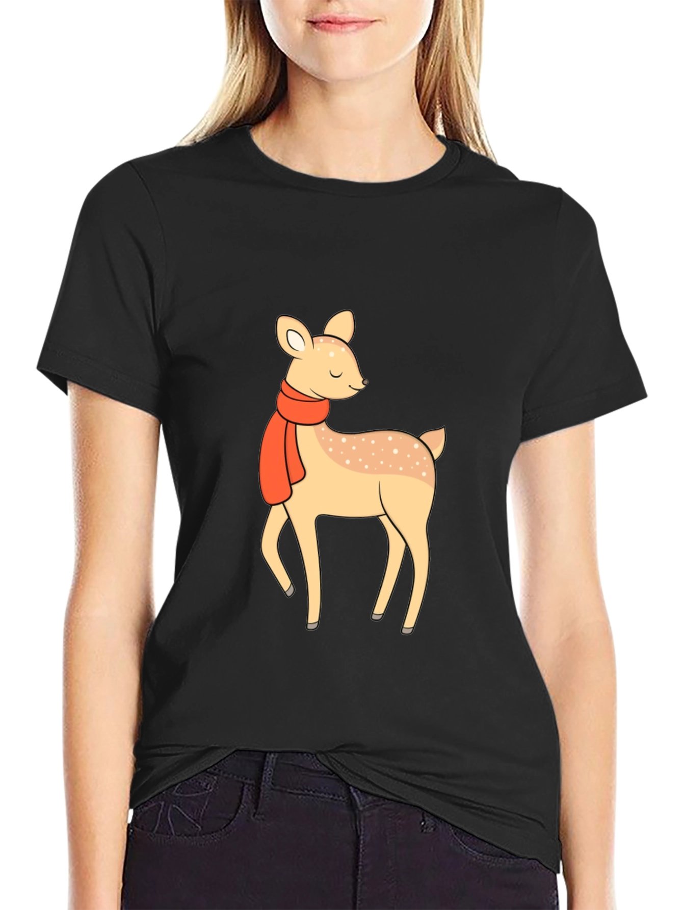 Cute Deer with Scarf Black Graphic Tee
