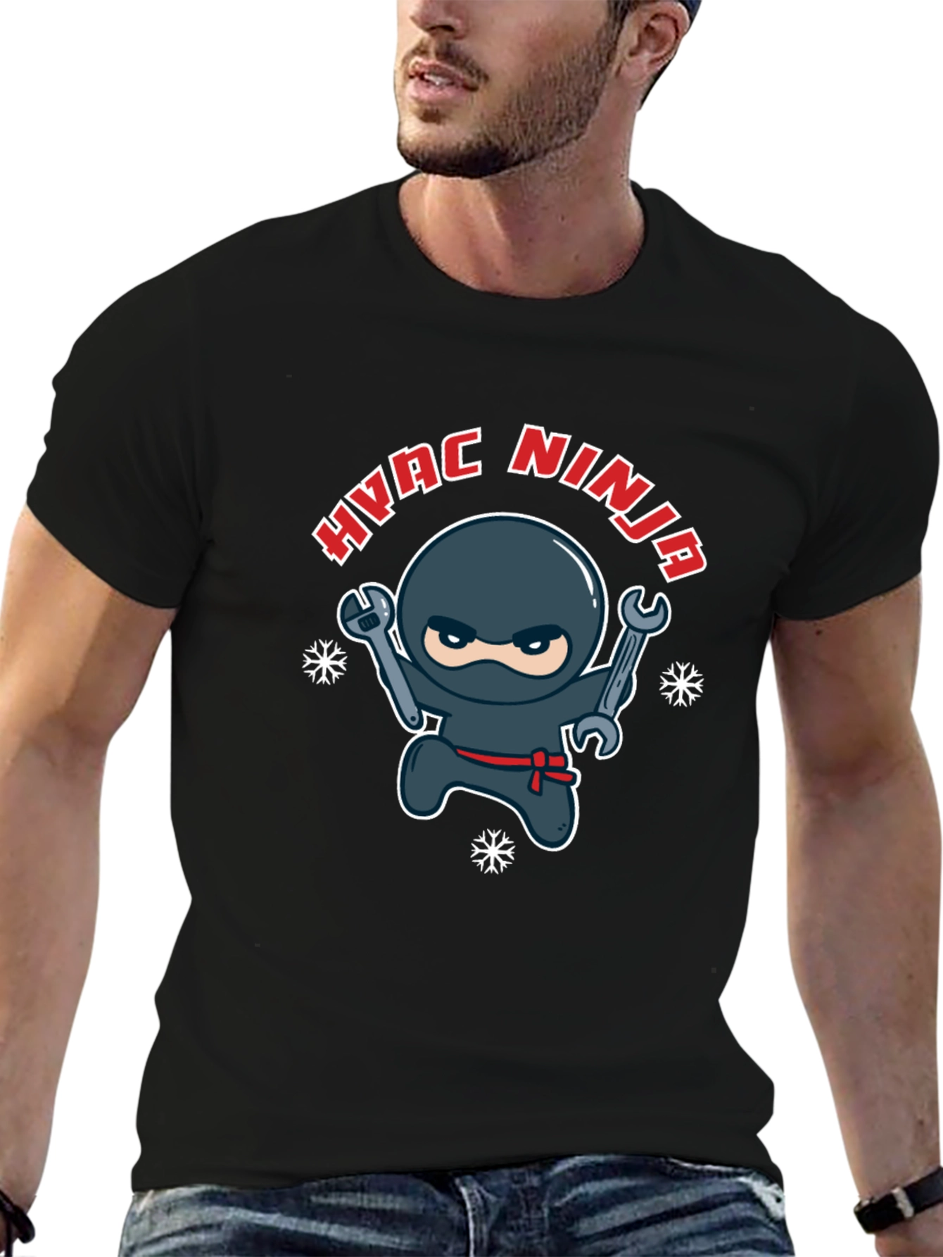 HVAC Ninja Cartoon Black T-Shirt