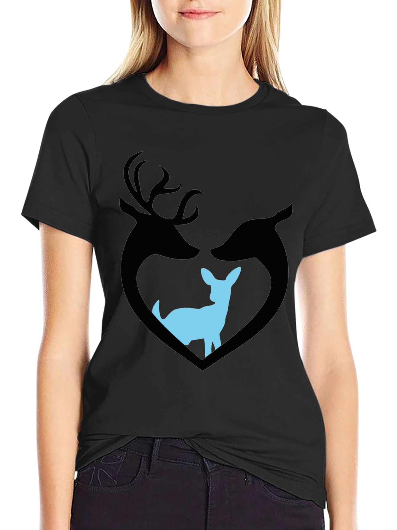 Deer Family Graphic T-Shirt - Black Cotton Tee