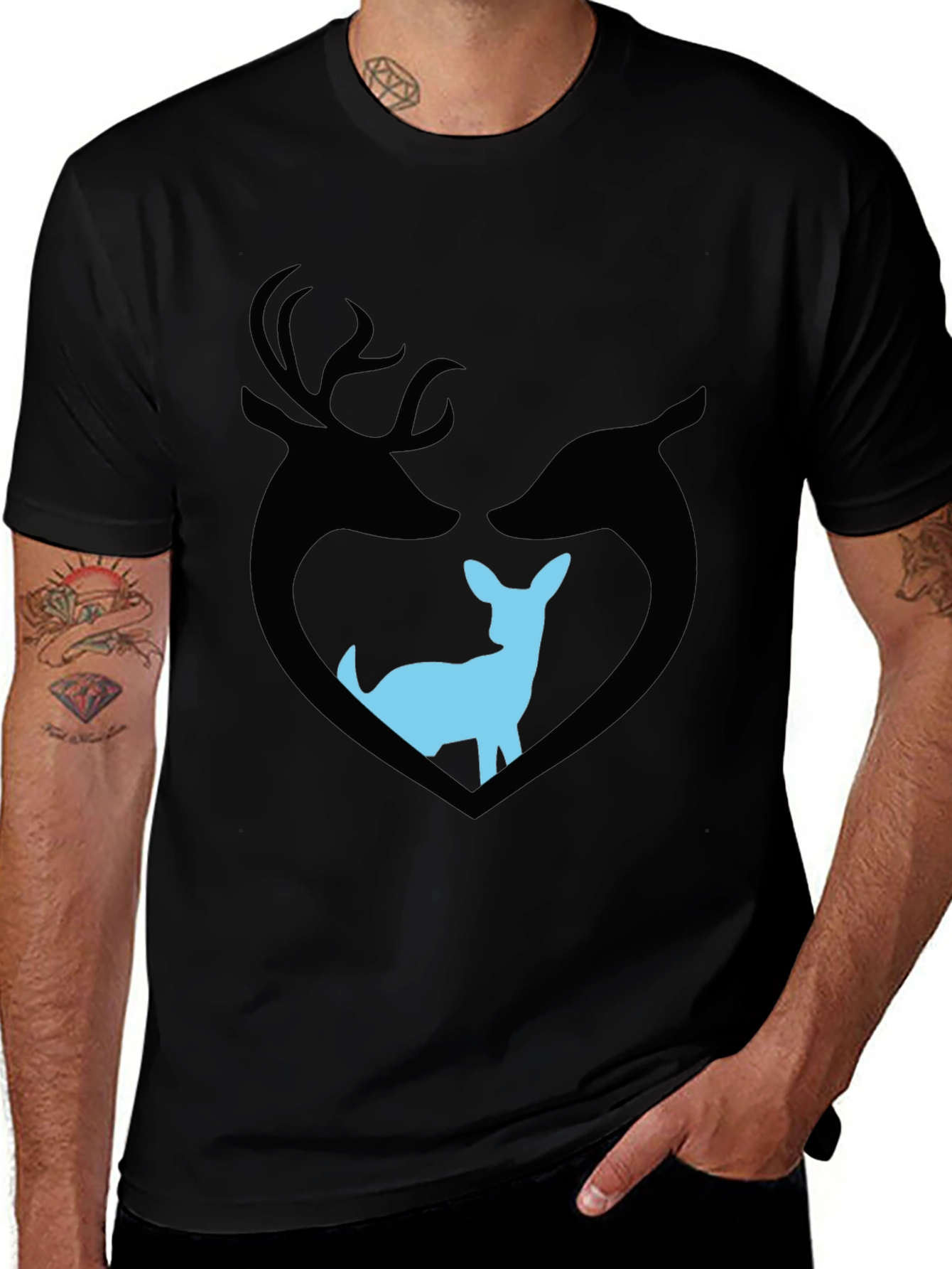 Deer Family Graphic T-Shirt - Black Cotton Tee