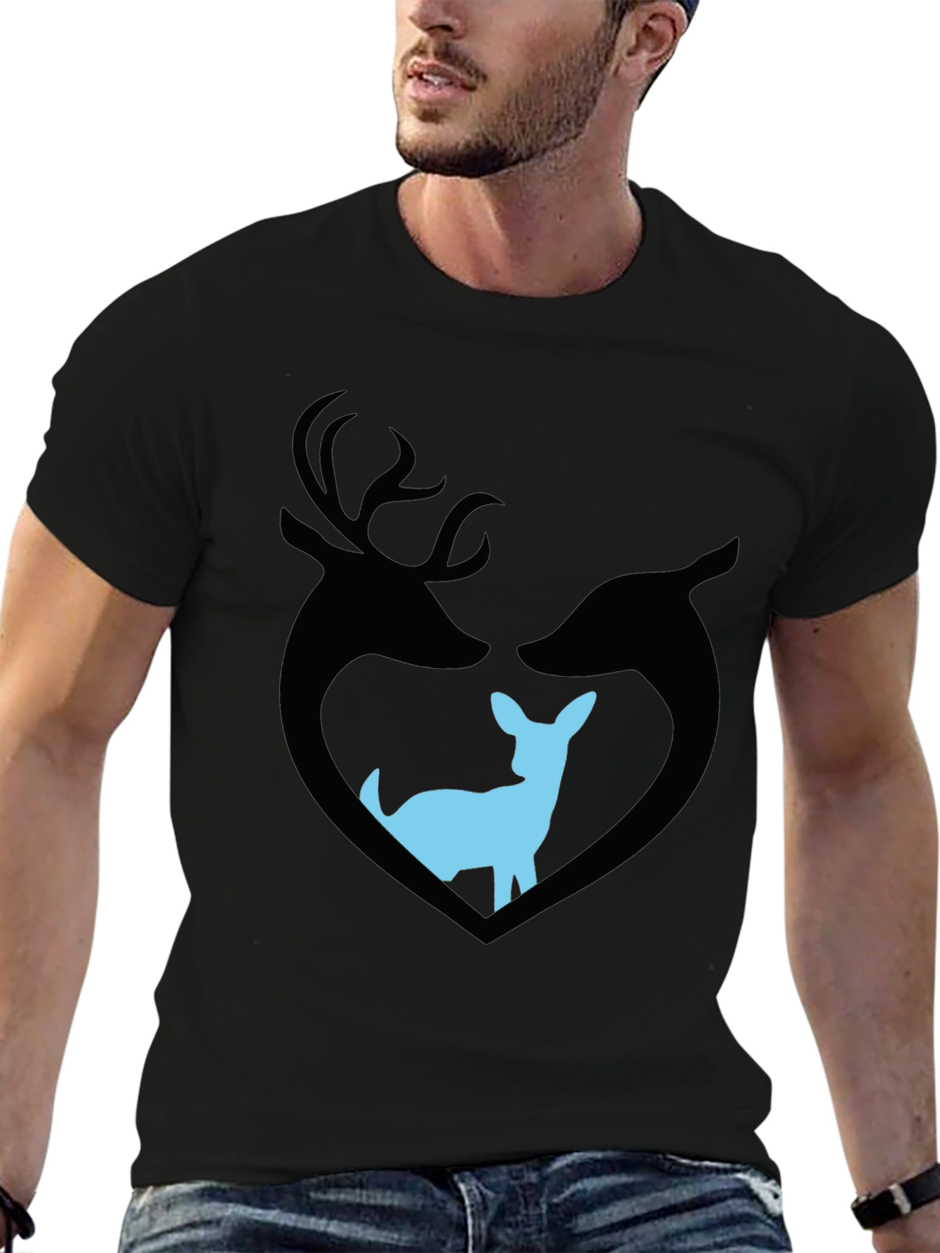 Deer Family Graphic T-Shirt - Black Cotton Tee