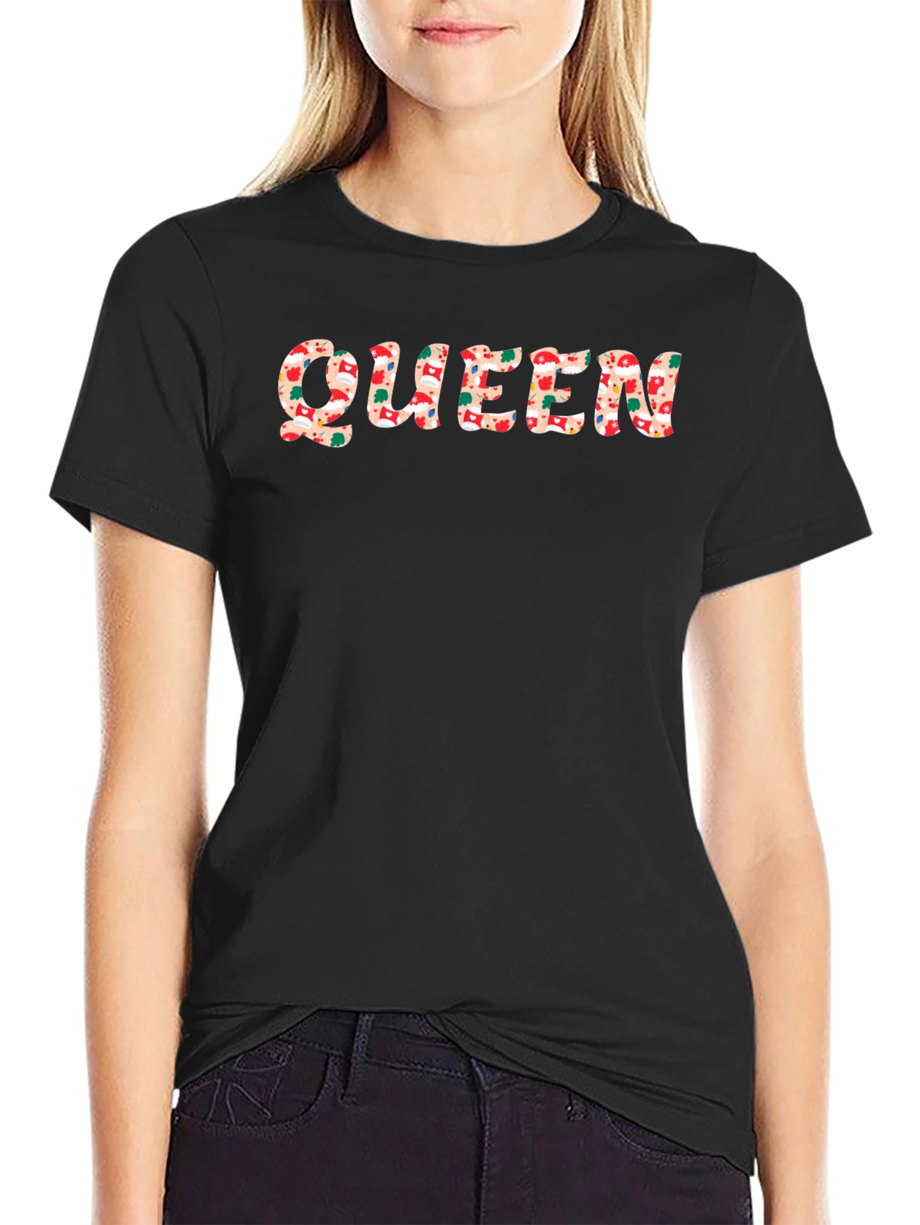 Queen Christmas Pattern Black T-Shirt