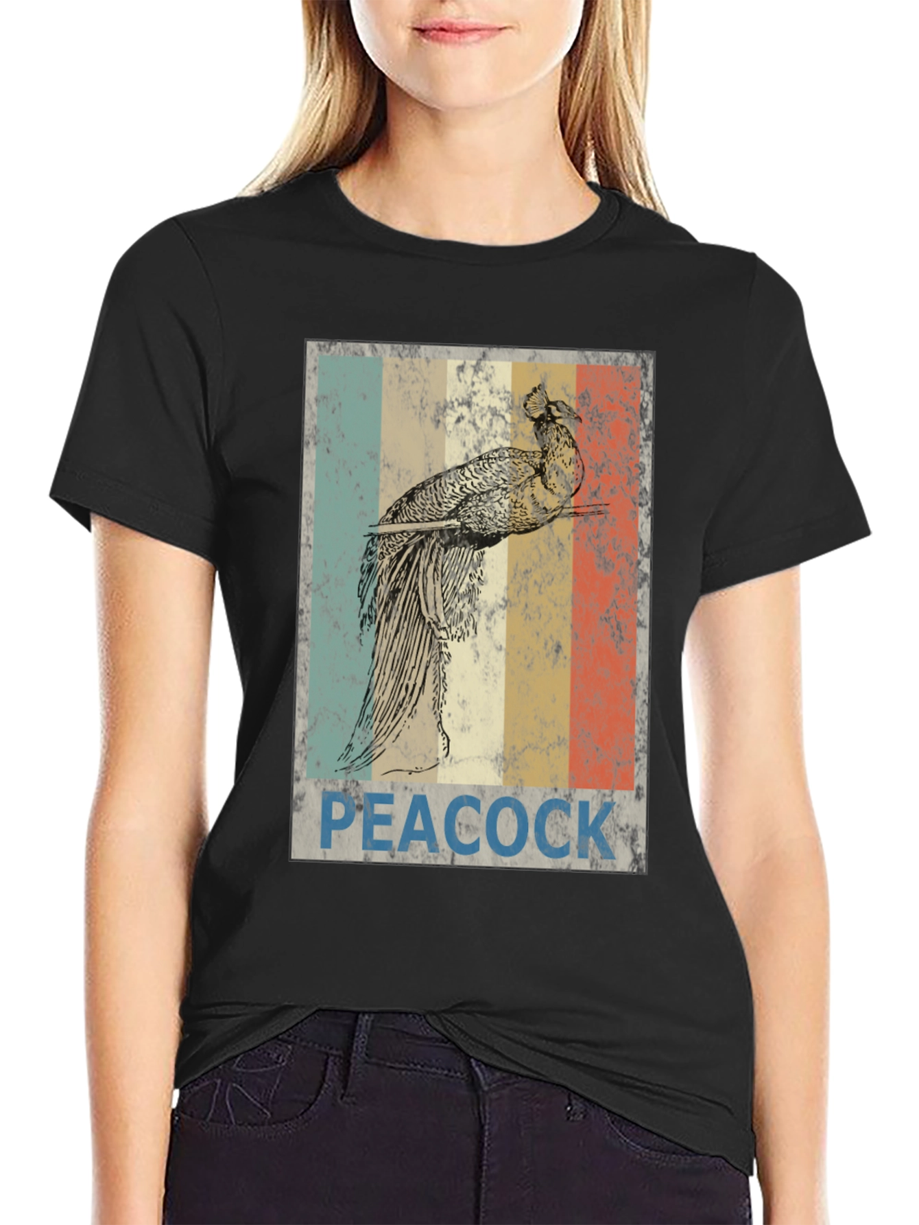 Retro Peacock Graphic Tee - Black
